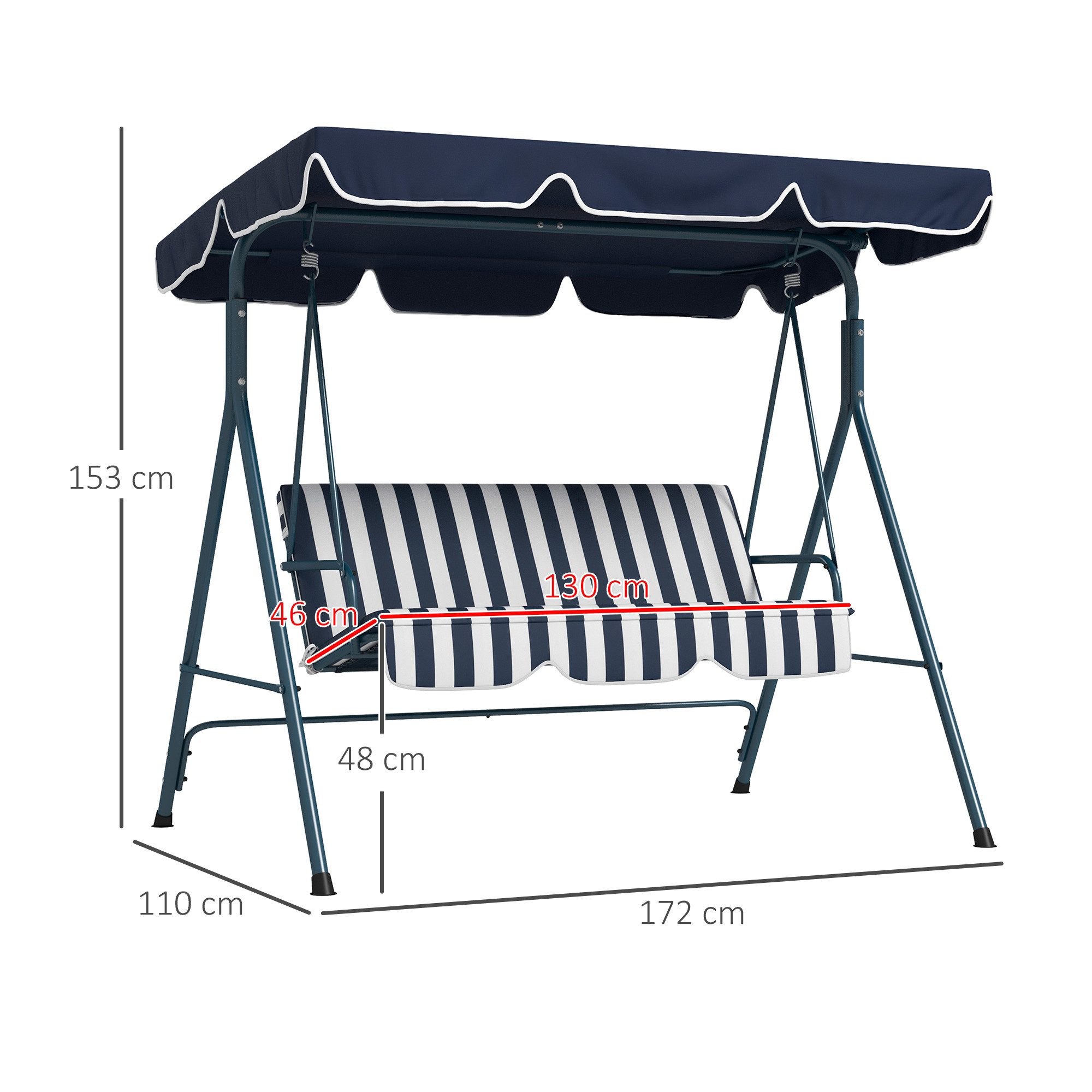 Outsunny Hollywoodschaukel, 3-Sitzer, mit verstellbarem Dach, Schwingbank, 1 tlg., Gartenschaukel, bis 240 kg belastbar, für Garten, Balkon, Mesh, Blau