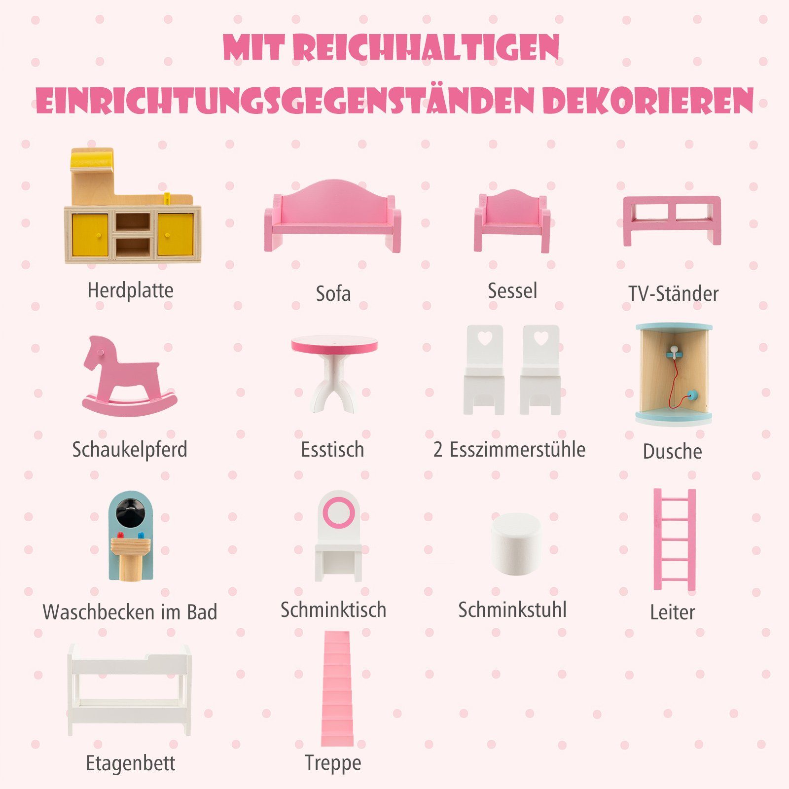 COSTWAY Puppenhaus holz, mit 3 Etagen & 15 Möbel & 6 Zimmern