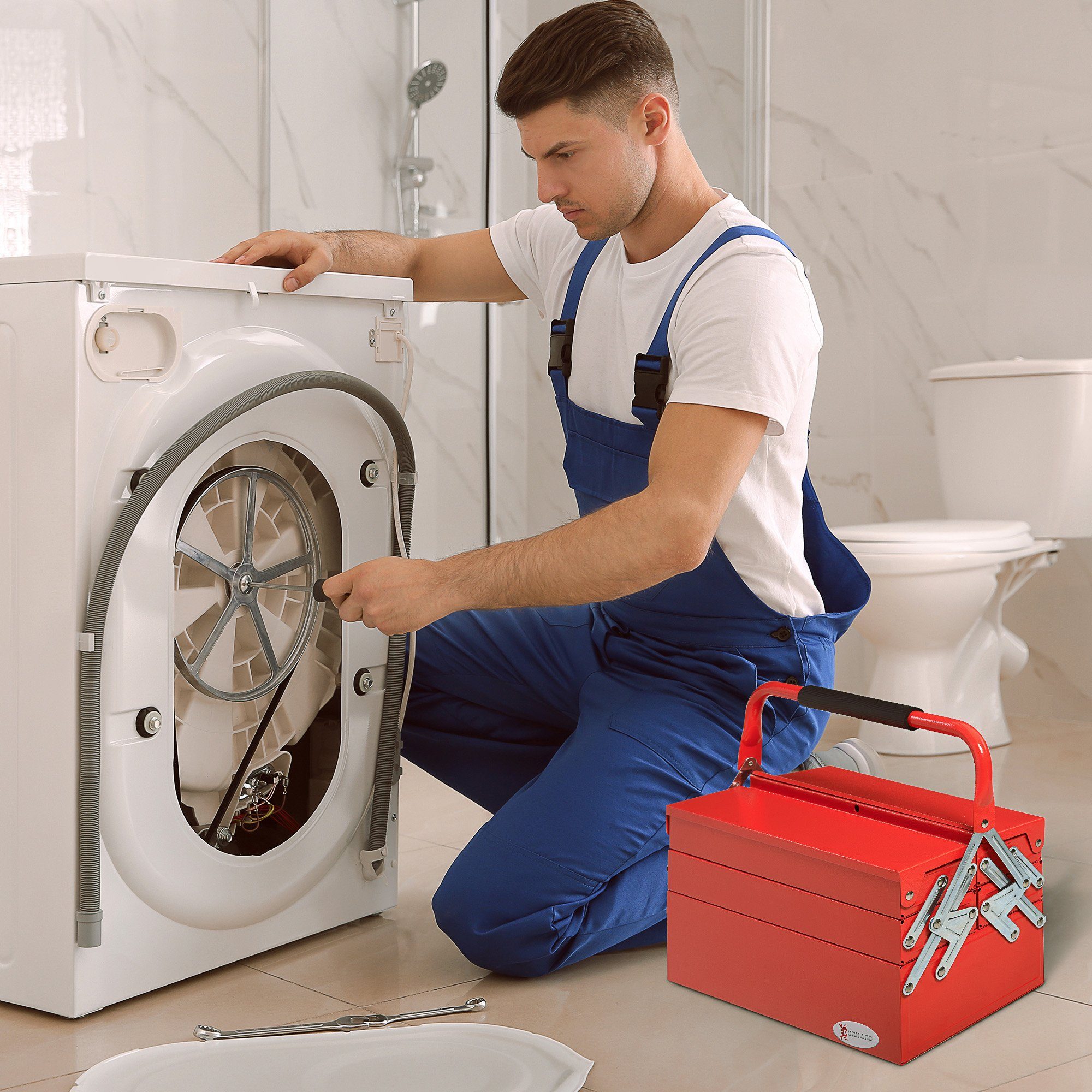 Durhand Werkzeugbox Montage Werkzeugkiste leer platzsparend mit 5 Fächer aufklappbar (Werkzeugkoffer, 1 St., Werkzeugkasten), Rot 45L x 20B x 34,5 H cm