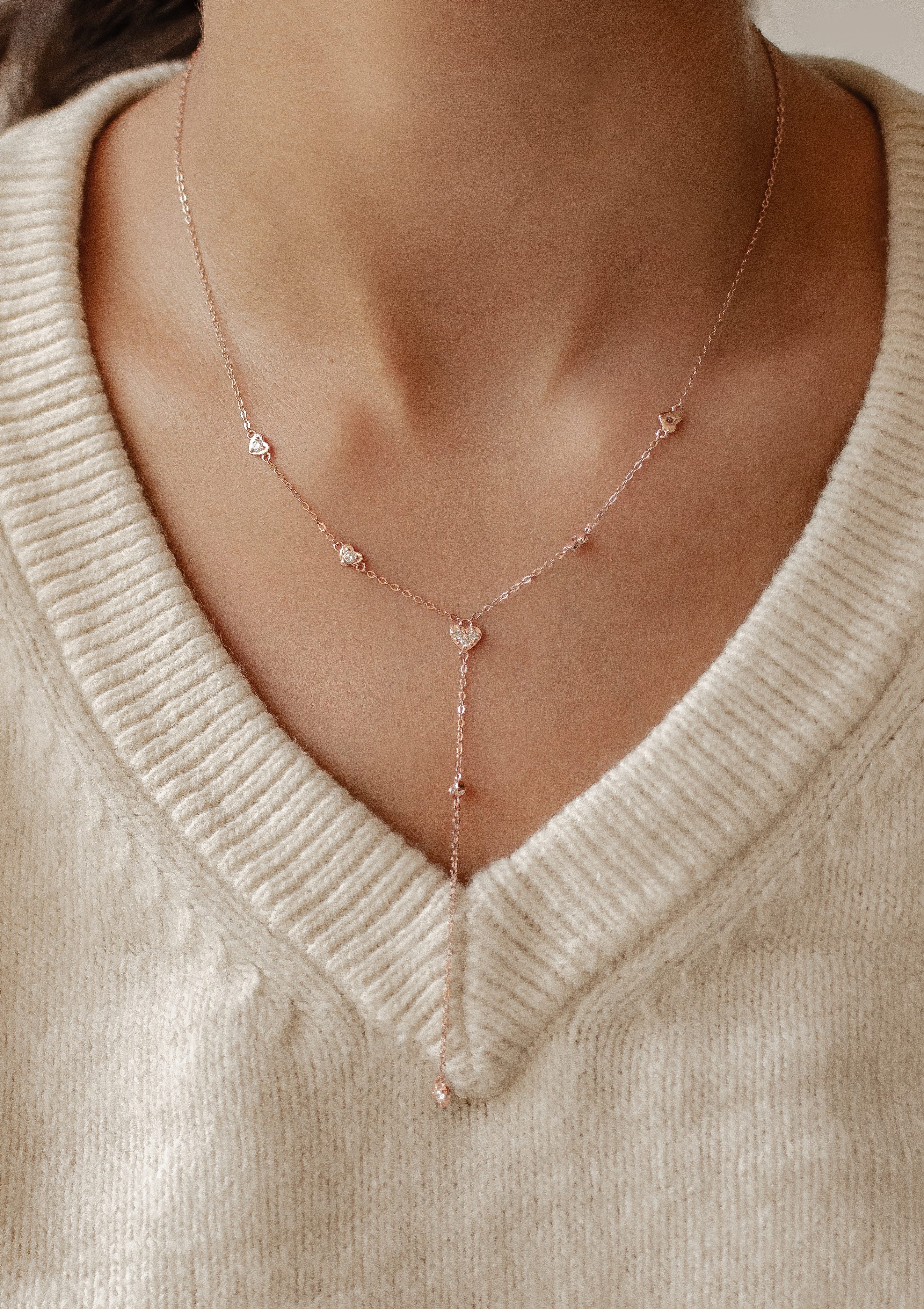 Hey Happiness Y-Kette mit Herzen & Zirkonia, Lasso-Halskette, Vergoldete Y-Kette für Damen, 925 Silber