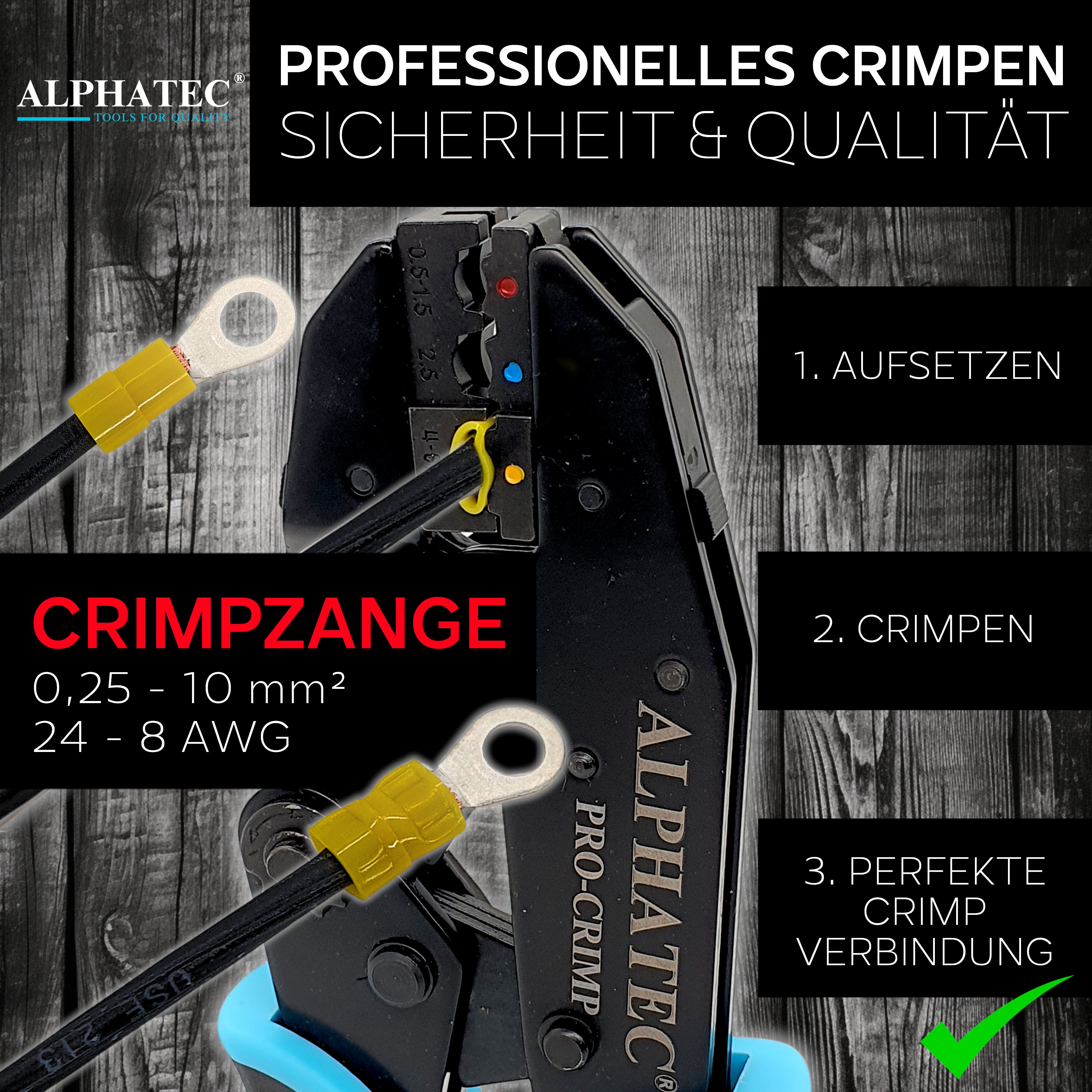 ALPHATEC® Crimpzange Crimpzangen Set mit Wechselbacken inkl. Abisolierzange 0,25-10mm² 8tlg, Kabelschuhe, Aderendhülsen, Flachstecker, Quetschverbinder, MC4, So – Bild 5 von 5