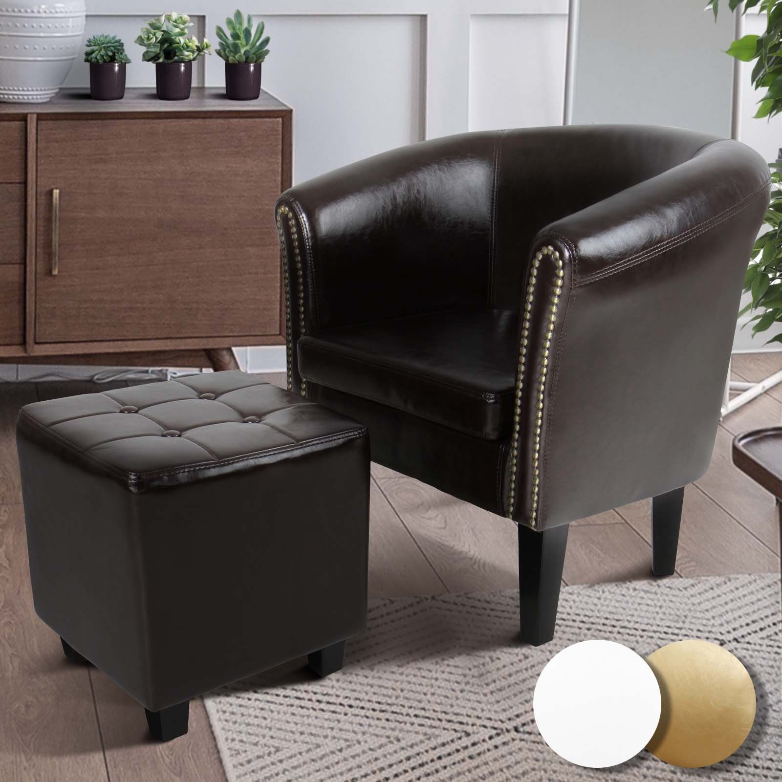 Sitzhocker, Sessel Weiß, Hocker Gold) und - - Armsessel, Wohnzimmer Chesterfield-Sessel aus Farbwahl Möbel inkl. Kunstleder, mit Clubsessel, Loungesessel Holz (Braun, Kupfernieten, MIADOMODO Cocktailsessel, Chesterfield