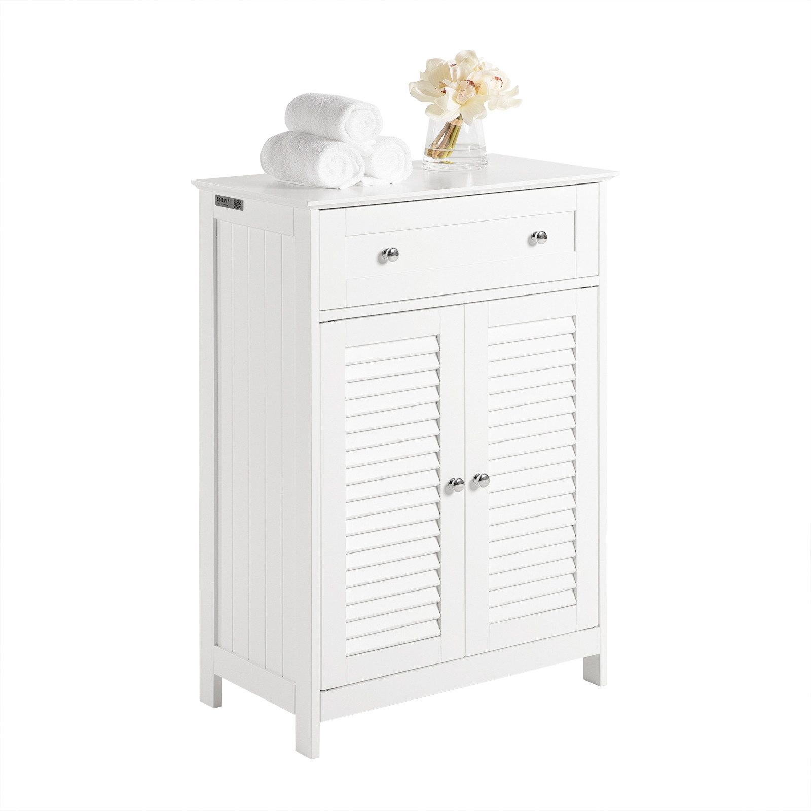 SoBuy Badkommode FRG238, Badezimmerschrank Sideboard Flurschrank Küchenschrank Badmöbel, Badschrank mit 2 Lamellentüren, Schublade, verstellbare Regalebene