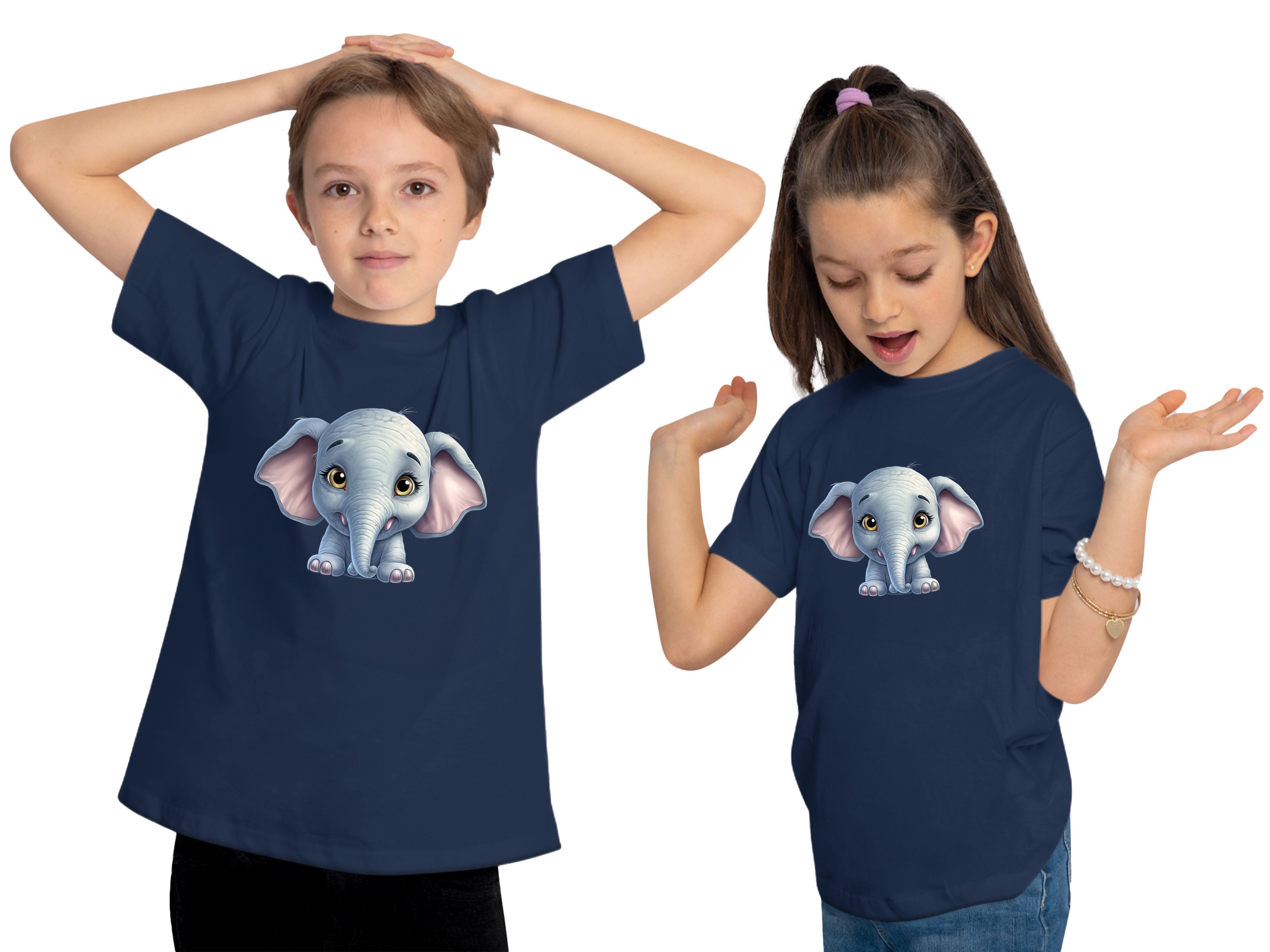 MyDesign24 T-Shirt bedruckt - Print Wildtier blau Baumwollshirt Baby Elefant Aufdruck, Kinder Shirt navy i272 mit