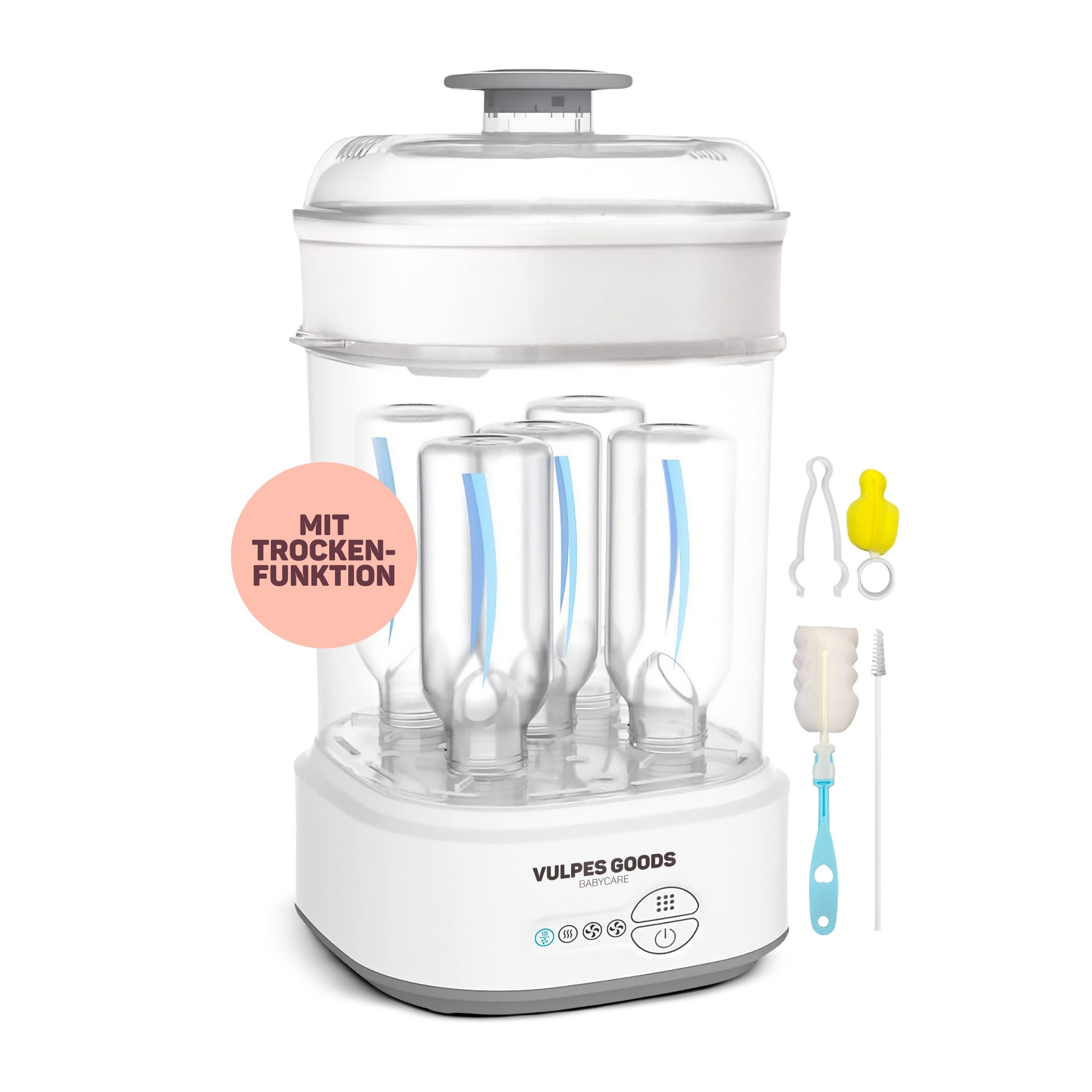 Vulpes Goods Dampfsterilisator mit Trocknungsfunktion - Flaschensterilisator BabyCare PRO, mit Reinigungsset und Zange, mit Trocknungs- und Aufbewahrungsfunktion