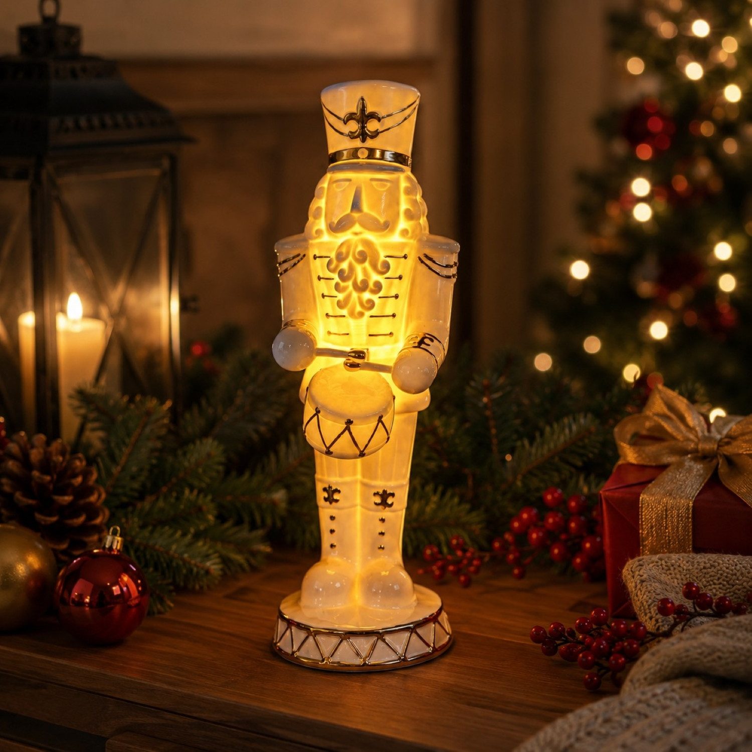 Online-Fuchs LED-Dekofigur Nussknacker aus Keramik mit LED-Beleuchtung - Weihnachtsdeko (goldene Akzente mit dekorativer Trommel, stilvolle Weihnachtsdekoration), praktische 6-Stunden Timerfunktion
