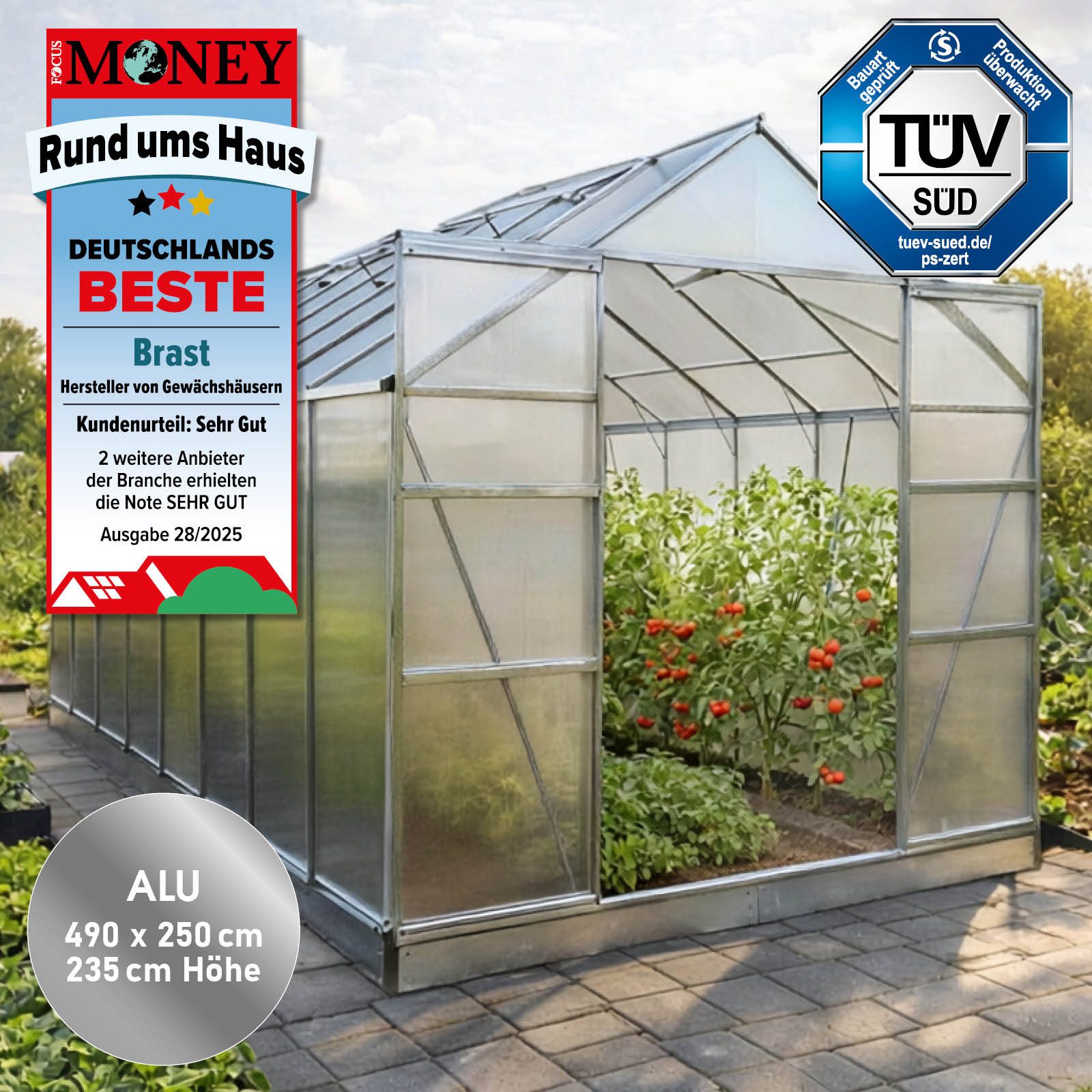 BRAST Gewächshaus ALU mit Fundament rostfrei 490x250x235cm TÜV geprüft, BxTxH: 250 x 490 x 235 cm, wetterfestes hochwertiges Aluminium, Temperaturbeständig, Wärmedämmend, Lichtbrechend & UV-stabilisiert
