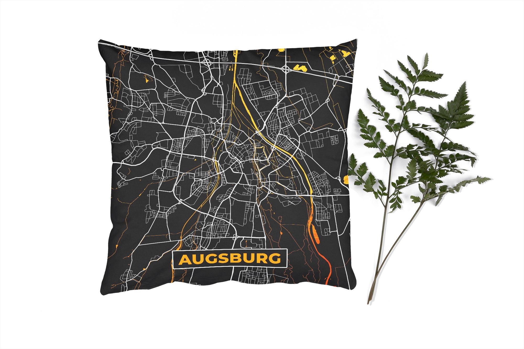 MuchoWow Dekokissen Augsburg - Stadtplan - Karte - Deutschland - Gold, Zierkissen mit Füllung für Wohzimmer, Schlafzimmer, Deko, Sofakissen