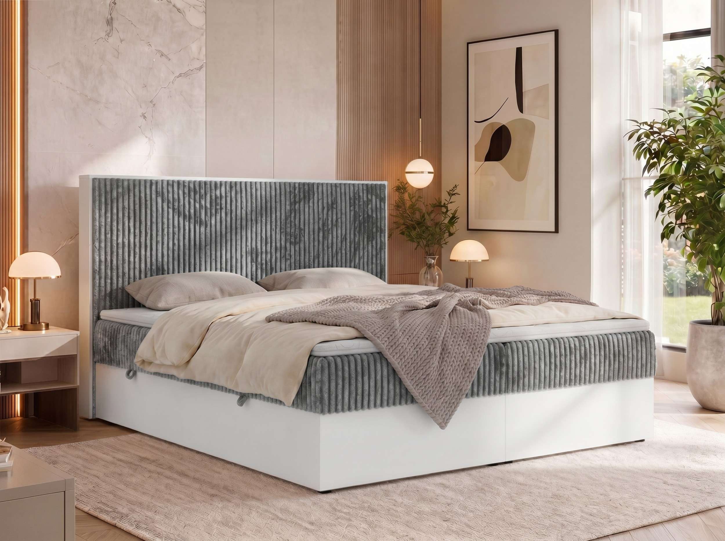 MKS MÖBEL Boxspringbett TRAVIT (Packung, Sett, Cordbett, Topper T25/Visco, hohe Kopfteil, Multipocket-Matratze), Doppelbett, Stauraum, weiße Deko-Möbelplattenelementen
