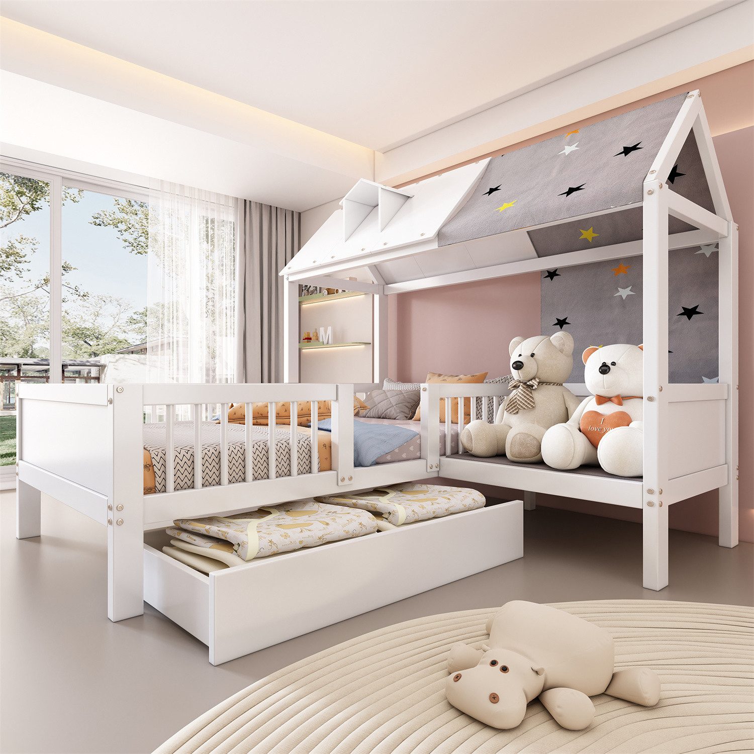 Kinderbett Hausförmiges Kinderbett aus Holz,mit Zeltstoff & Kissen