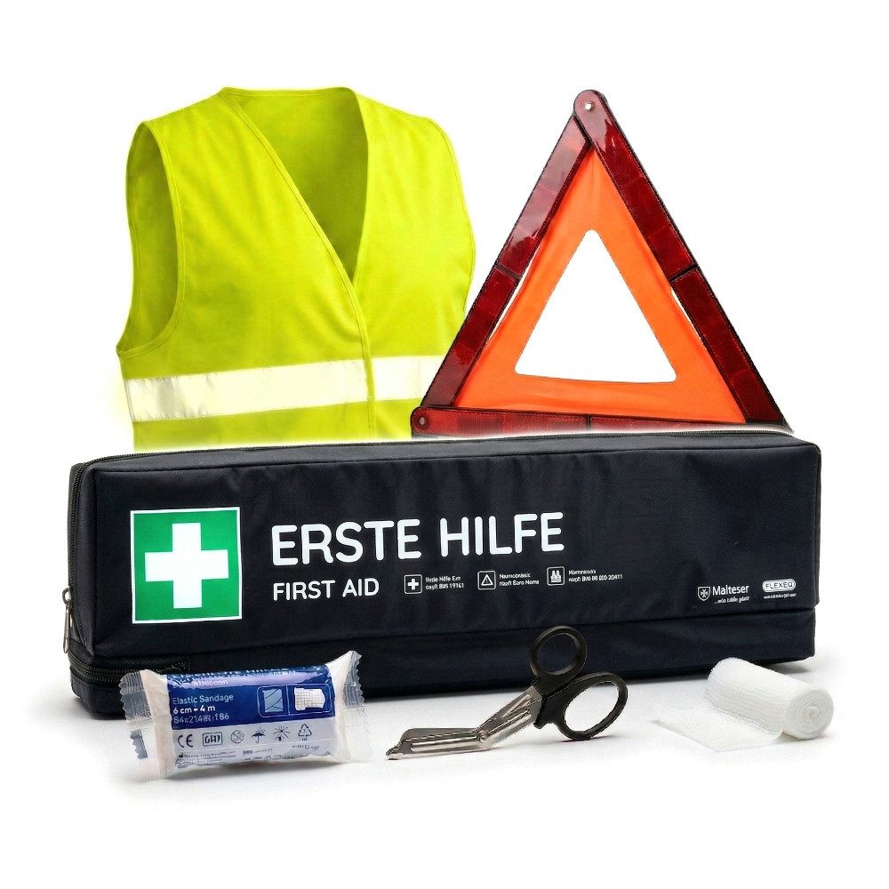 FLEXEO KFZ-Verbandkasten DIN 13164:2022, (1 St), Erste-Hilfe-Tasche inkl. Warndreieck und Warnweste