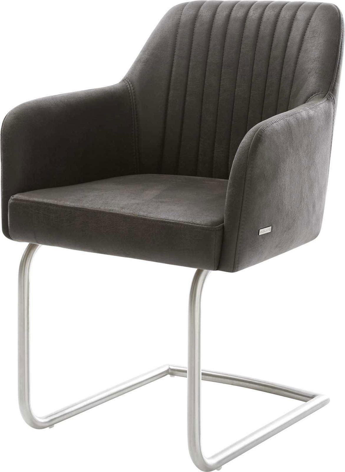 DELIFE Polsterstuhl Greg-Flex, Freischwinger rund Edelstahl Mikrofaser Anthrazit Vintage Taschenfeder