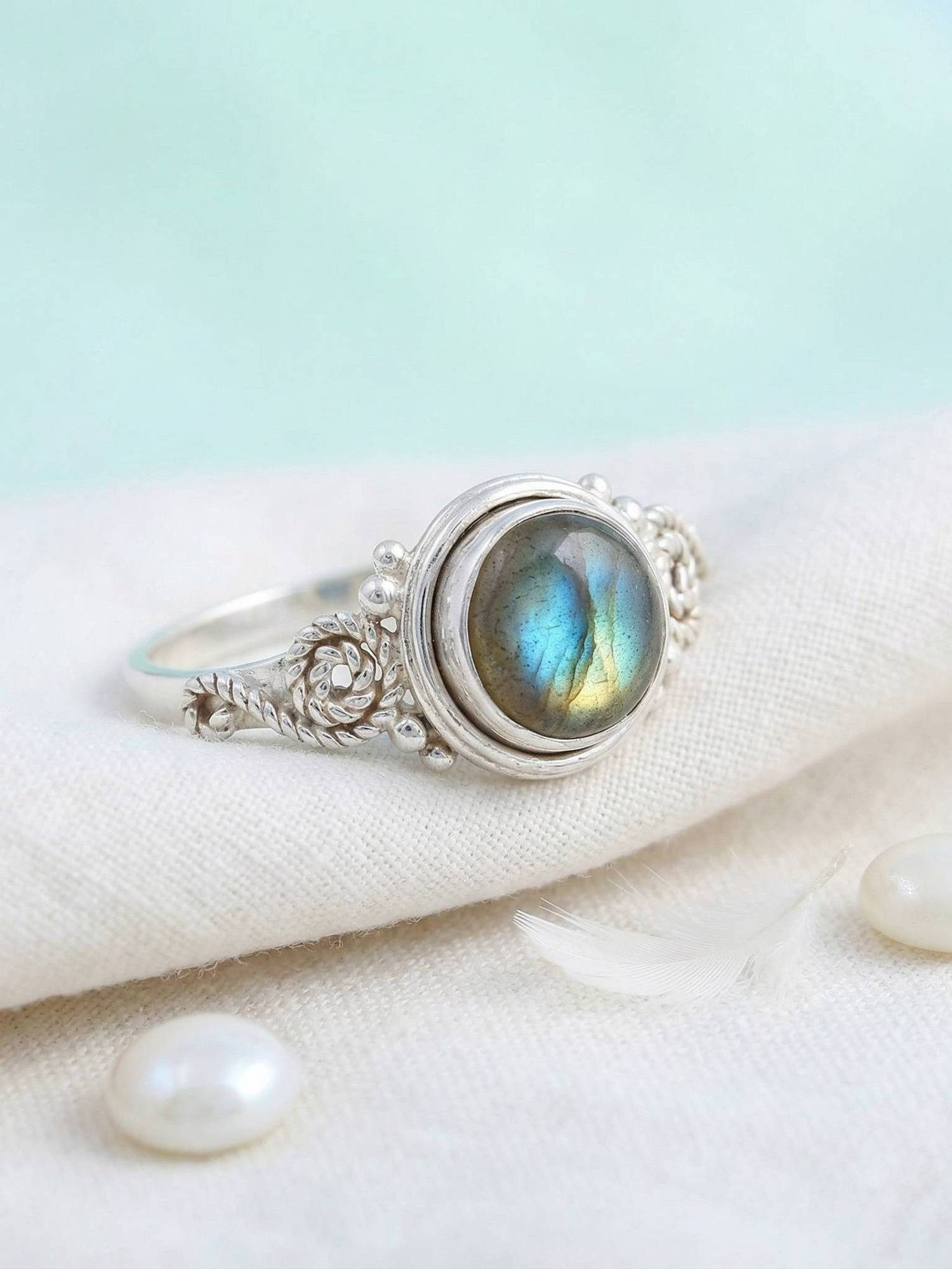 mantraroma Silberring WATU aus 925 Silber mit Labradorit (Ring mit Schmuckbeutel), Damenring aus 925er Silber