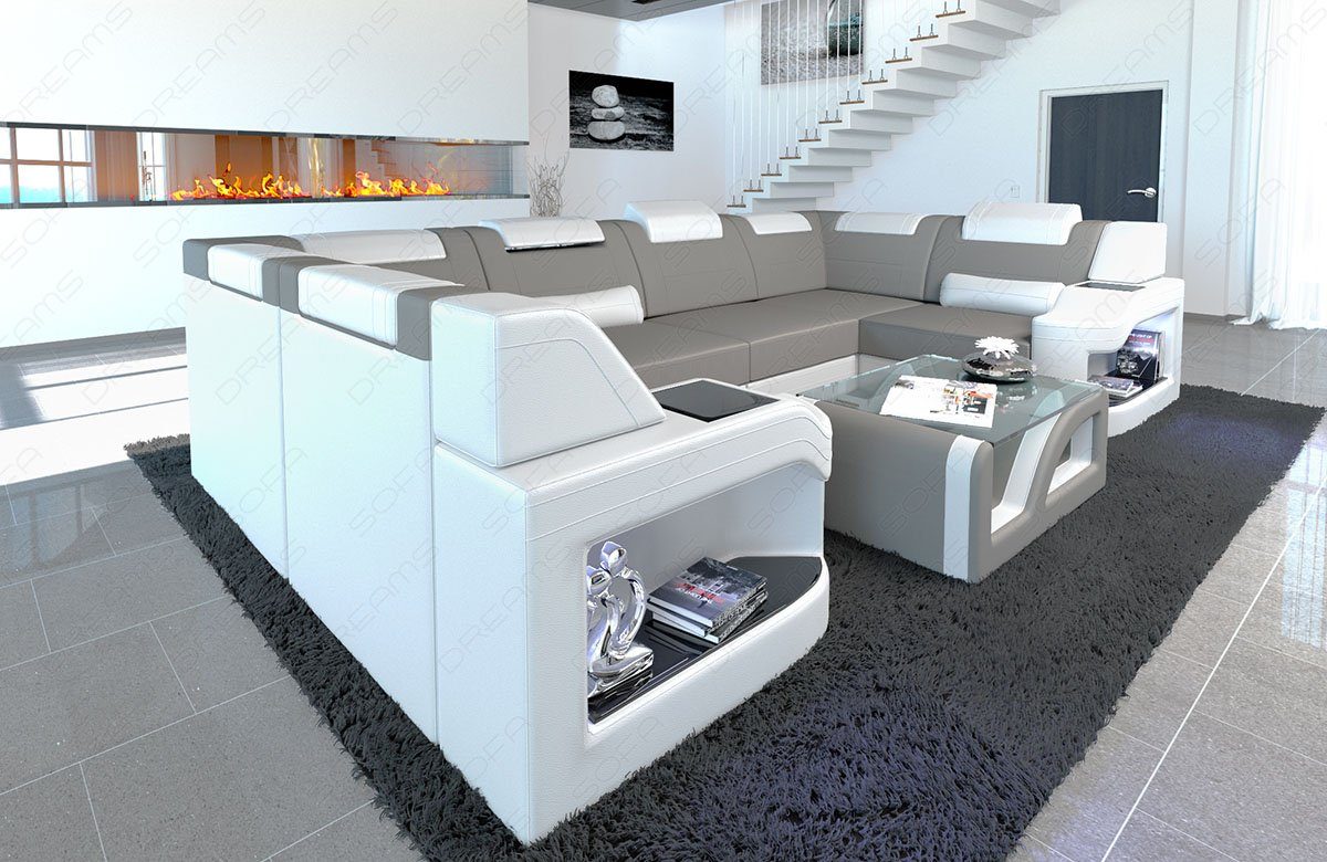 Dreams Sofa, Stoff U Polster mit hellgrau-weiß Form Padua M Couch Design Sofa Wohnlandschaft Stoffsofa Bettfunktion Mikrofaser wahlweise