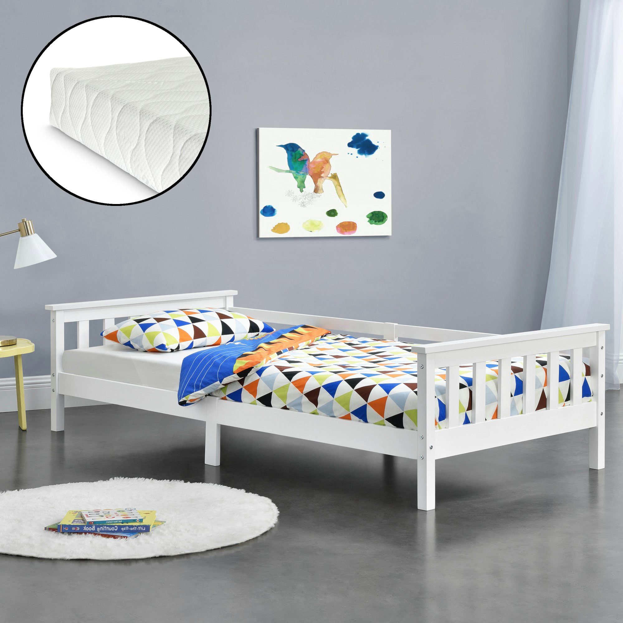Kinderbett mit Matratze und Rausfallschutz 70x140 cm Jugendbett mit Schutzgitter Single Bett mit Lattenrost Kiefernholz Weiß en.casa 
