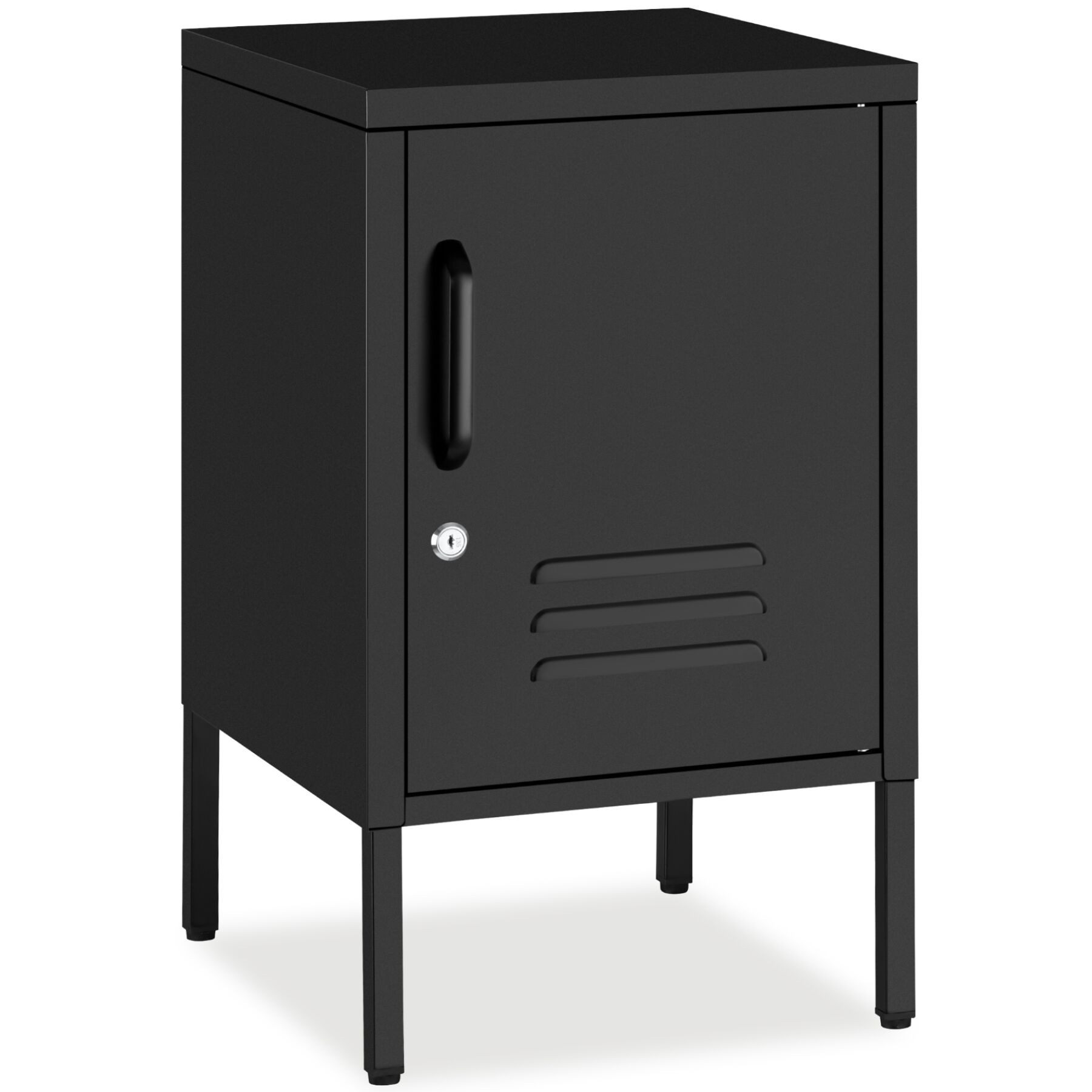tectake Nachttisch Schmaler Nachtschrank mit Magnetverschluss und verstellbarem Boden (Nachtschrank Baker, 1-St., in Schwarz), Pulverbeschichteter Stahl und Kabelführung für optimale Nutzung