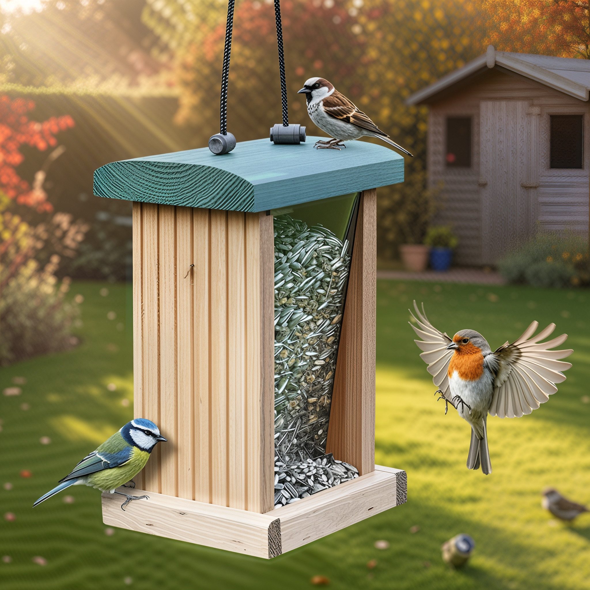 Zooprinz Кормspender für Vogel Wildvögel aus Vollholz mit Aufhänge Seil Plexiglas, Vogelfutterhaus, Кормhaus, Vogelfutterspender