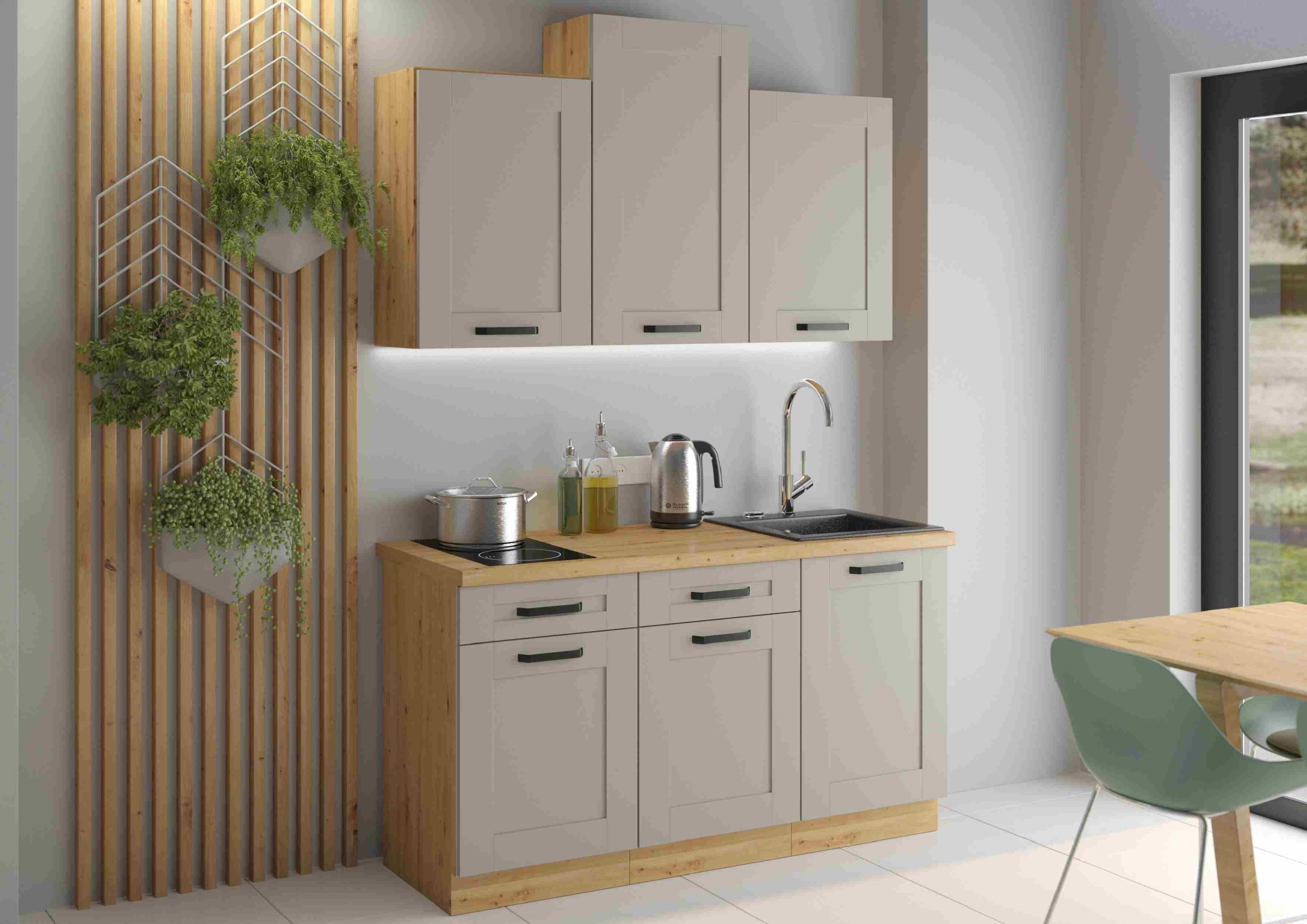 Furnix Küchenzeile Isladora 150 cm Küchenmöbel-Set mit Hängeschränken in 5 Farben, Maße 150x85,8x60 cm, Landhaus Design & Funktionalität