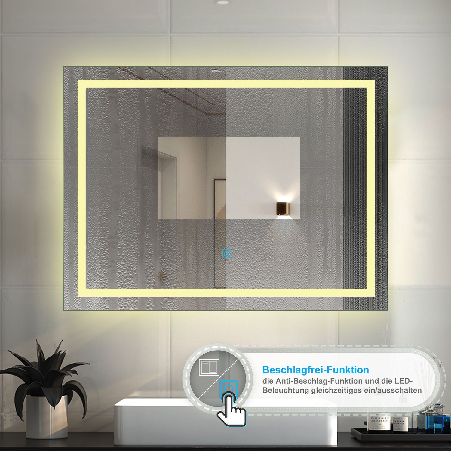 Wandschalter Wandspiegel Lichtfarbe+dimmbar+Beschlagfrei 50-160 Wand/Touchschalter+drei cm mit LED Badspiegel duschspa Belechtung,