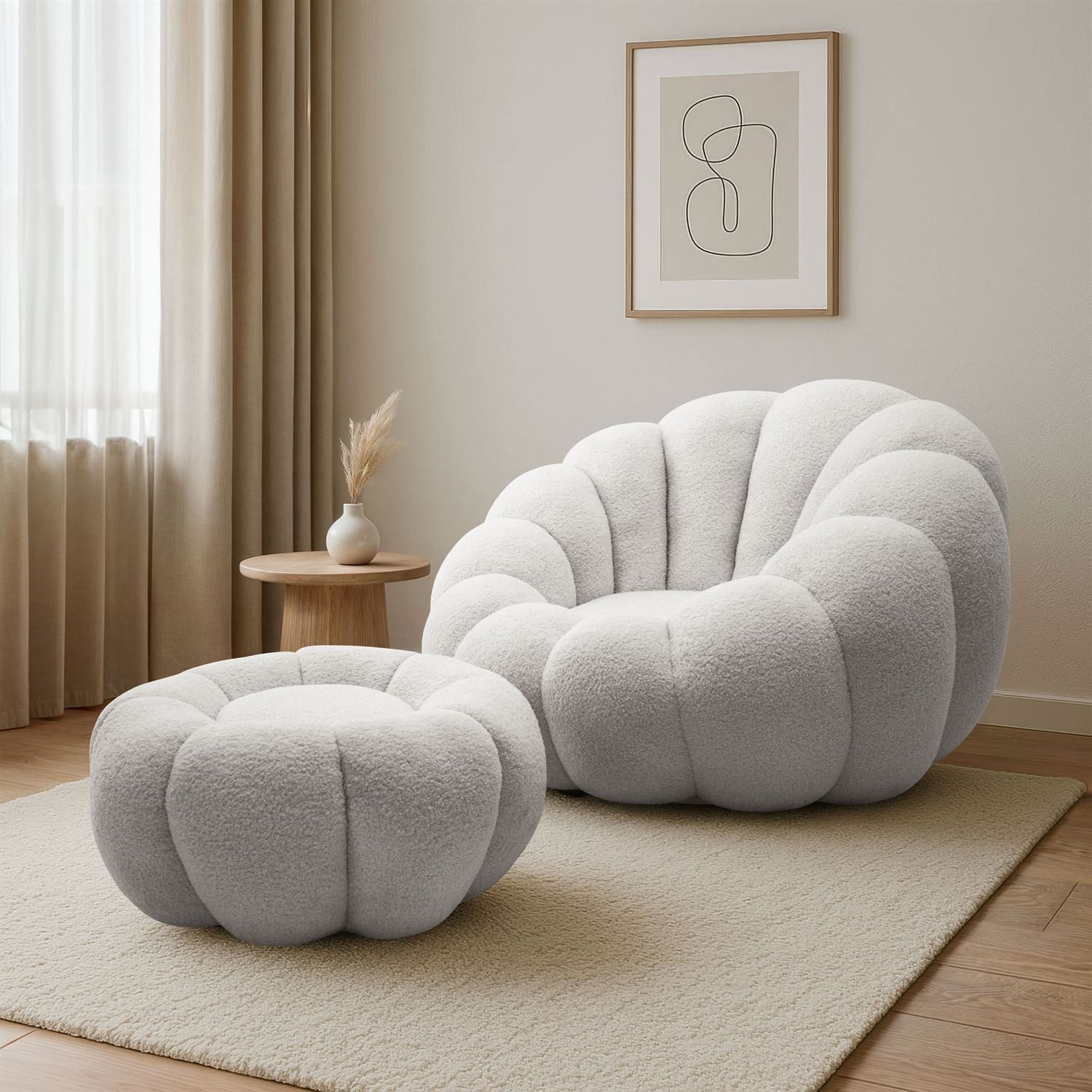 yourhouse24 Drehsessel ORIA inkl. Hocker, Bouclé Lounge Sessel, Teddy-Stoff (Set, 2-St., Relaxsessel mit Hocker), 360° drehbar, Low-Seating