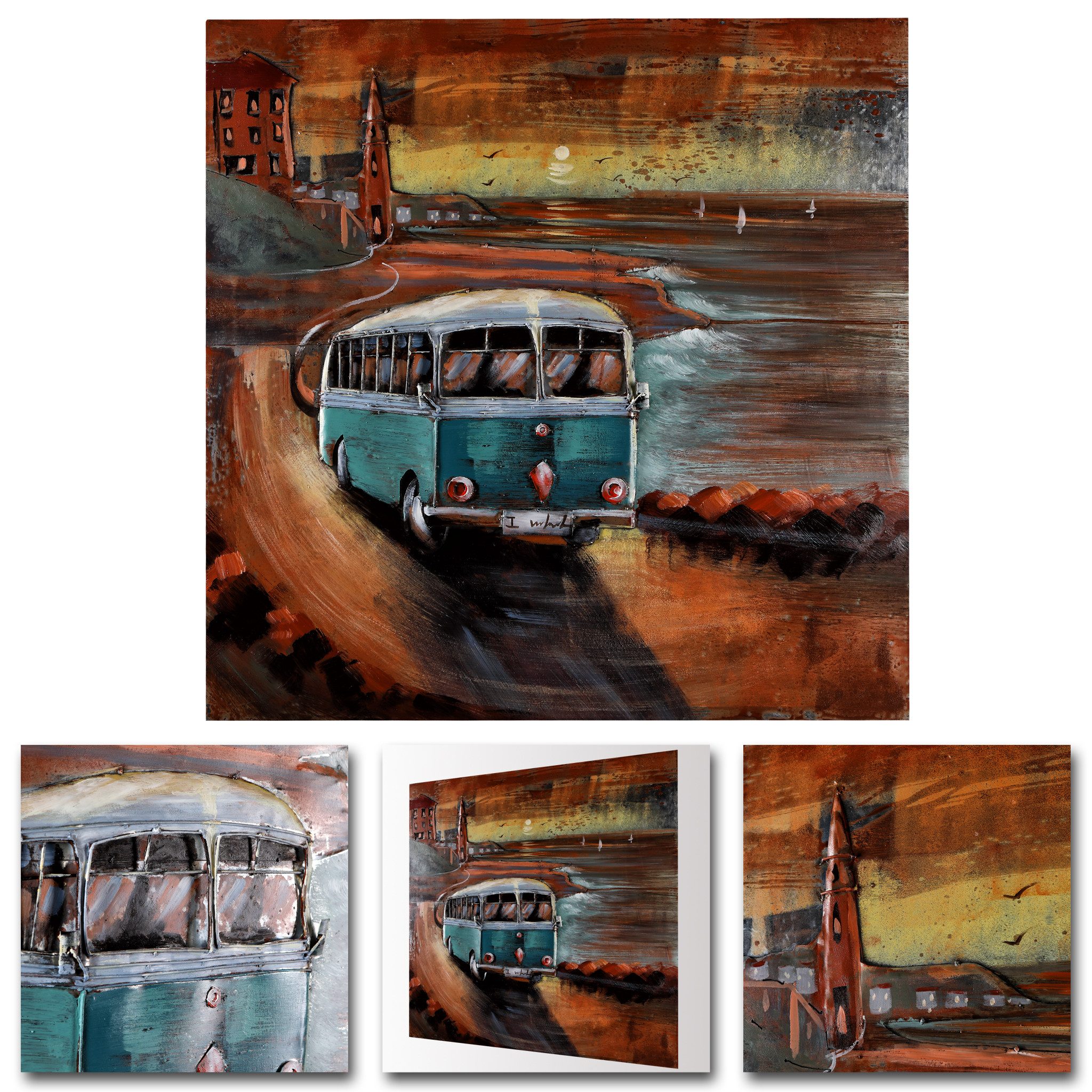 Home4Living Metallbild Wandbild Relief Unikat "Sonnenaufgang Bus" handgefertigt, Sonnenaufgang Bus, 3D-Effekt