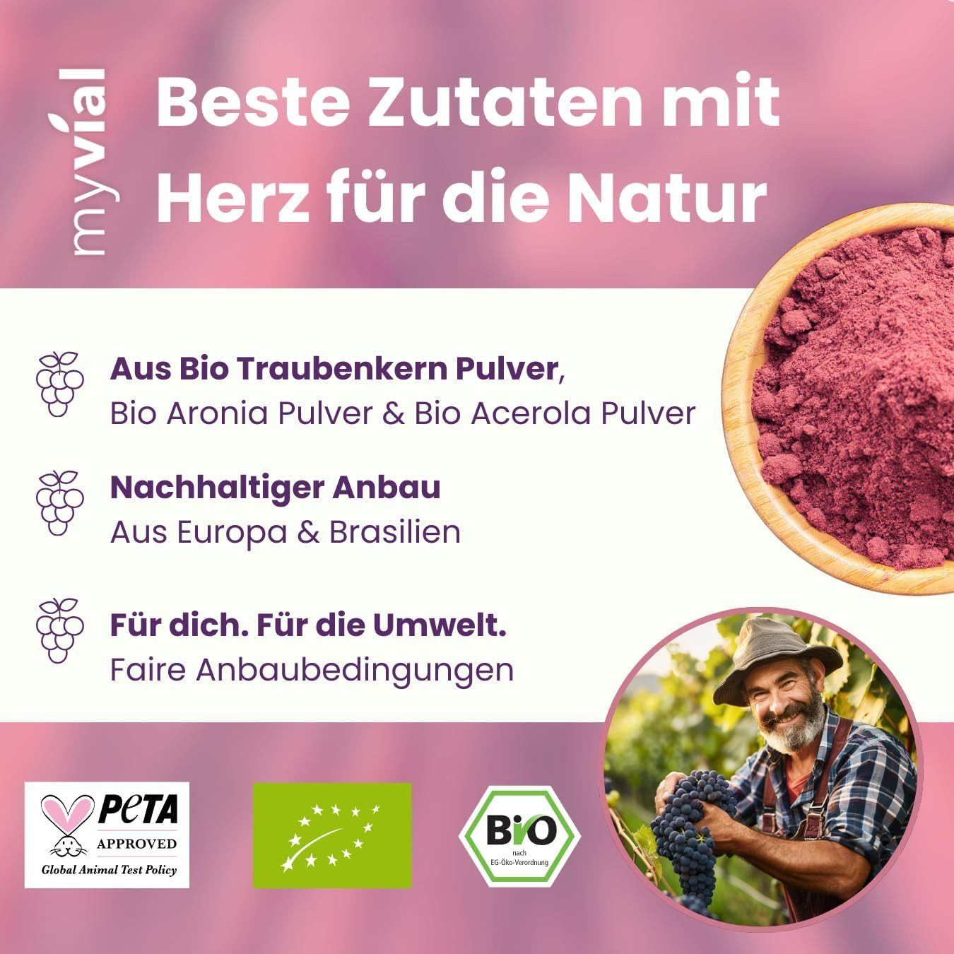 myvial Bio OPC Kapseln zur Unterstützung des Immunsystems - hochdosierte Kapseln, vegane Kapseln, Komplex aus Traubenkern-, Aronia- & Acerolapulver à 120 St., plastikfrei verpackt, 60 Tage Vorrat, höchste Qualität