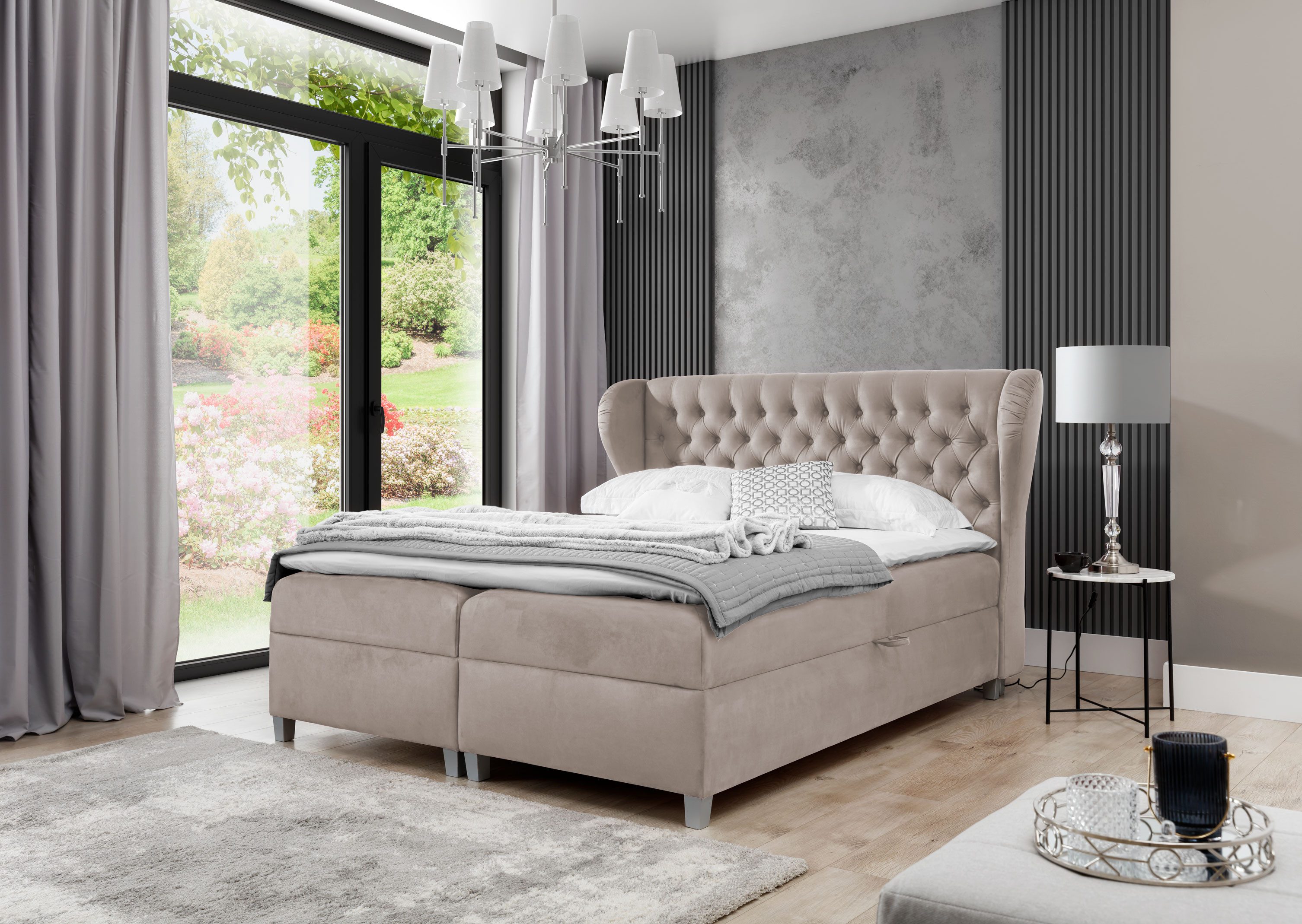 JVmoebel Boxspringbett Chesterfield Polsterbett in Beige mit Knopfverzierung und Stauraum (1-St)