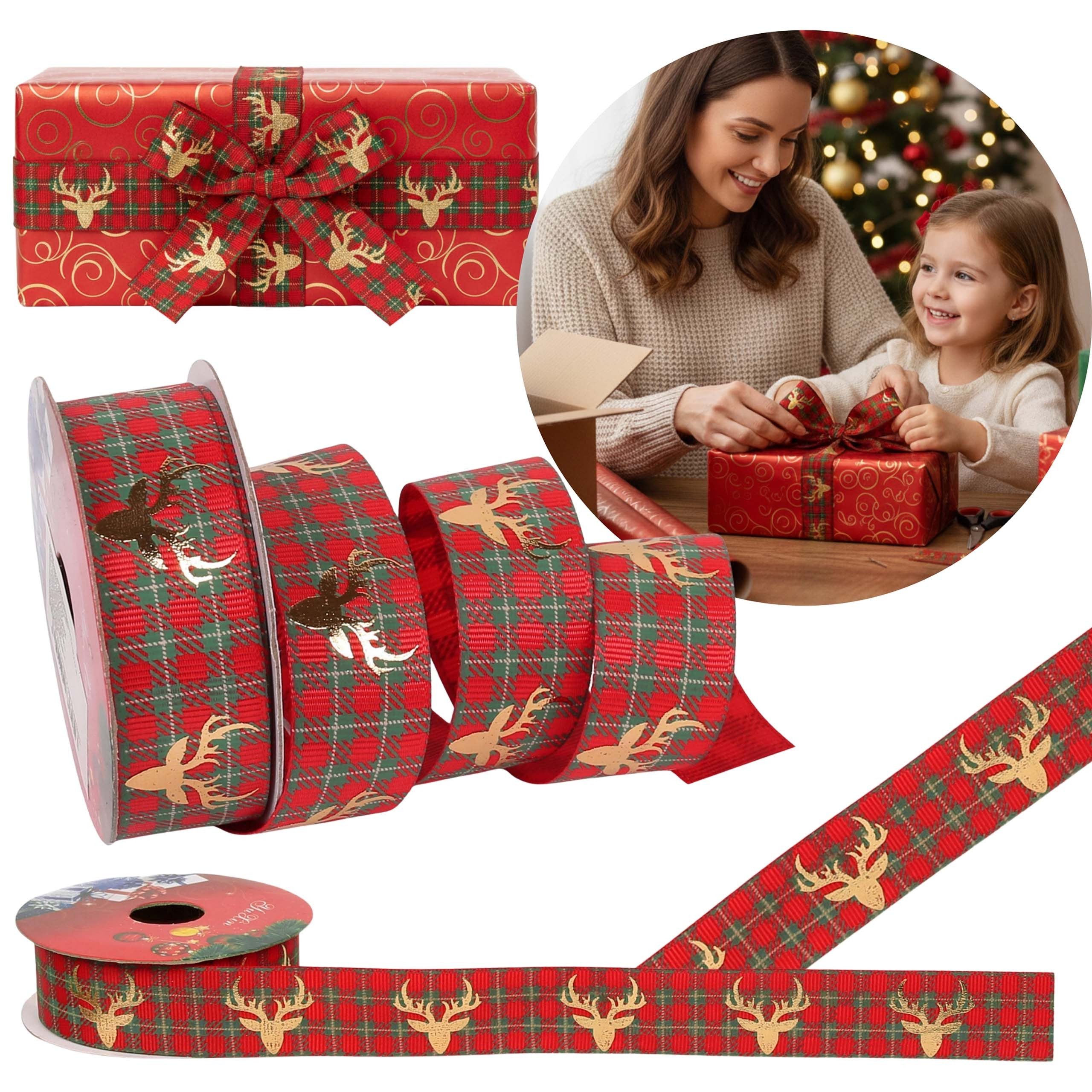 Sarcia.eu Geschenkband Rotes Weihnachtsband, Geschenkband „Merry Christmas“, 2,5 cm x 2,7 m