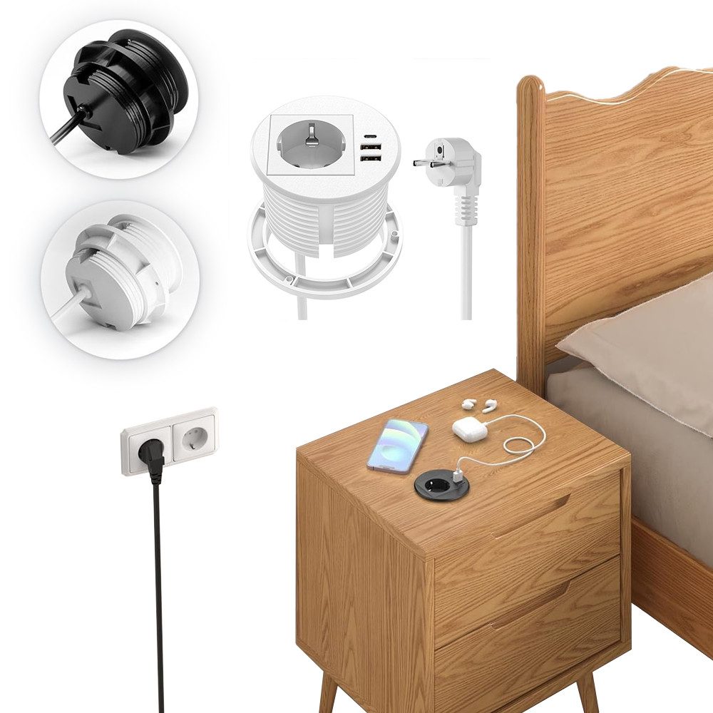 PRIISF Einbausteckdose Versenkte Tischplatte Steckdose Unterputz Ladestation Mehrfachsteckdose 4-fach (EU-STECKER, USB-A Anschluss, USB-C Anschluss, Schutz gegen Überspannung, Überstrom, Antistatik, Kurzschluss, Kabellänge 1,7 m), Einbau Laden Tischsteckdose Versenkbare Schreibtisch Steckdosenleiste