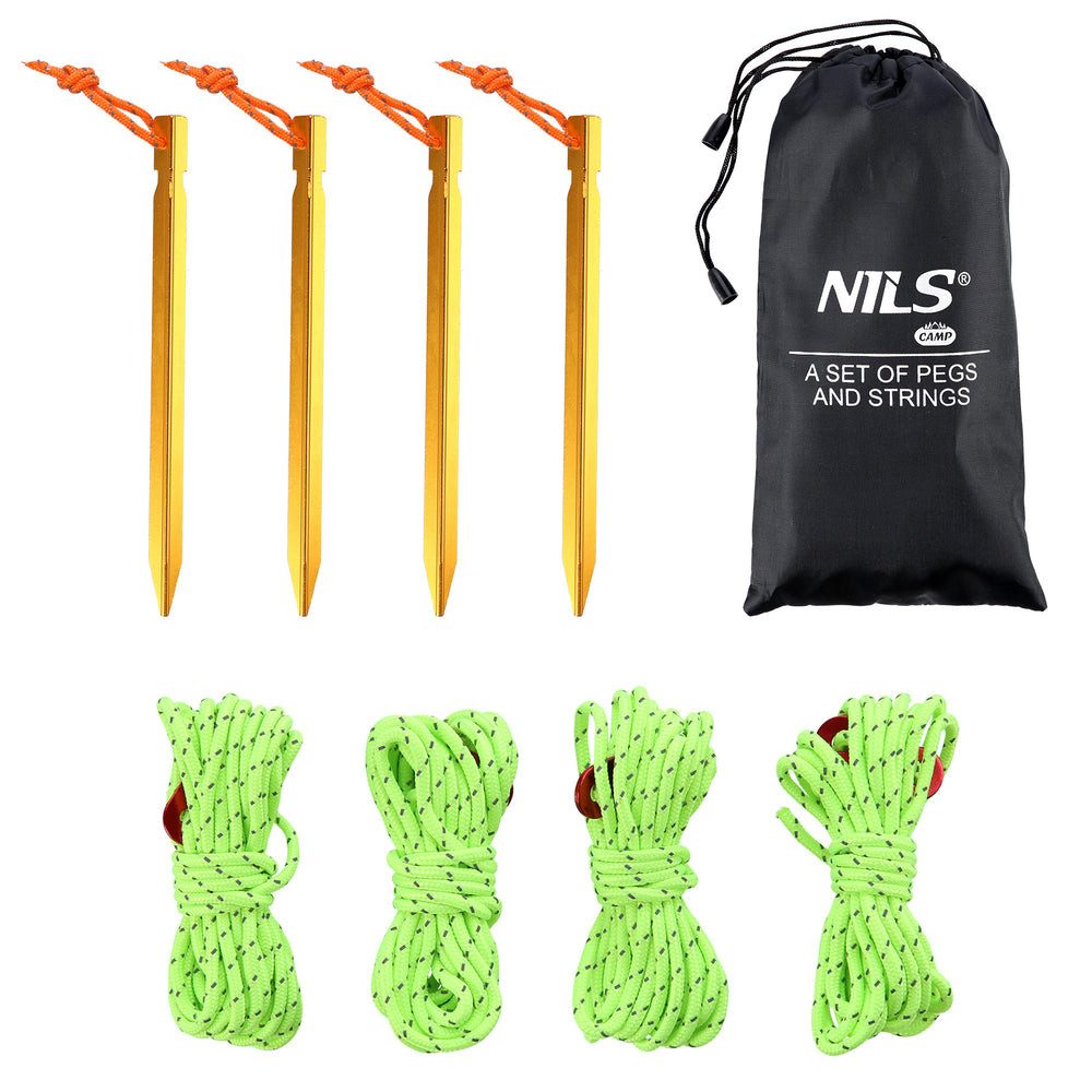 NILS CAMP Zelthering Erdnägel Zeltschnüre Abspannset, (Spar-Set, 10-St., 18,5 cm robust), Aluminium-Heringe, reflektierende Schnüre, Tasche