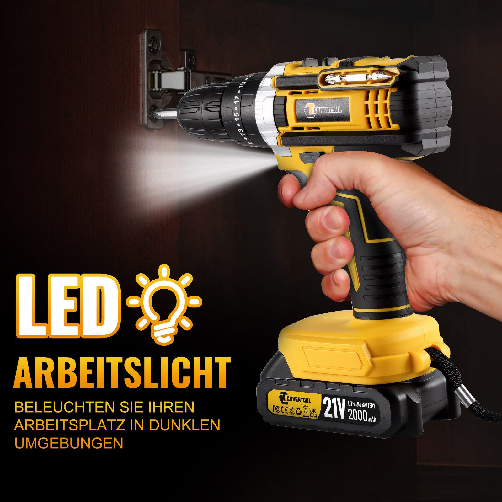 CONENTOOL Akku-Schraubendreher 3-in-1 Akkuschrauber Set, 21V Akkubohrer, 1850 U/min, 35 Nm, (24-tlg), mit 2×2000mAh Akkus, Akku Werkzeug: Leicht & Stark – Bild 5 von 5