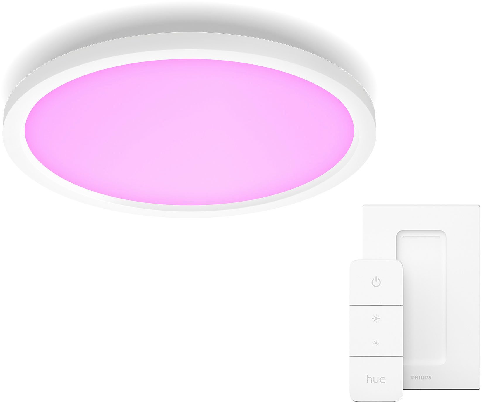 Philips Hue Deckenleuchte White & Color Ambiance Surimu Panelleuchte rund + Dimmschalter V2, mehrere Helligkeitsstufen, LED fest integriert, Farbwechsler