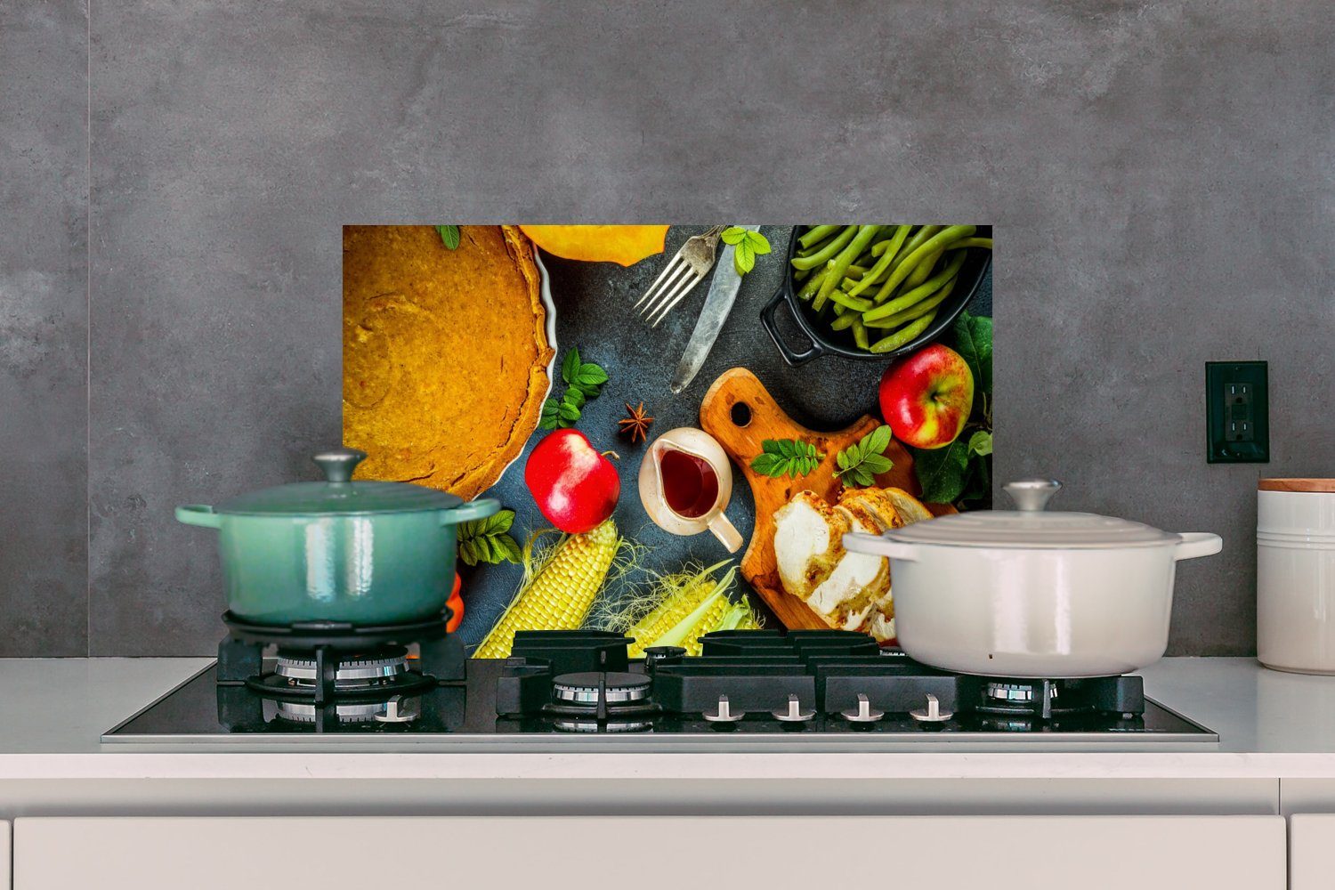 Gemüse - Gewürze küchen - cm, Herdblende - aus Besteck MuchoWow (1-tlg), Wandschutz, Temperaturbeständig Kuchen, Küchenrückwand 60x40