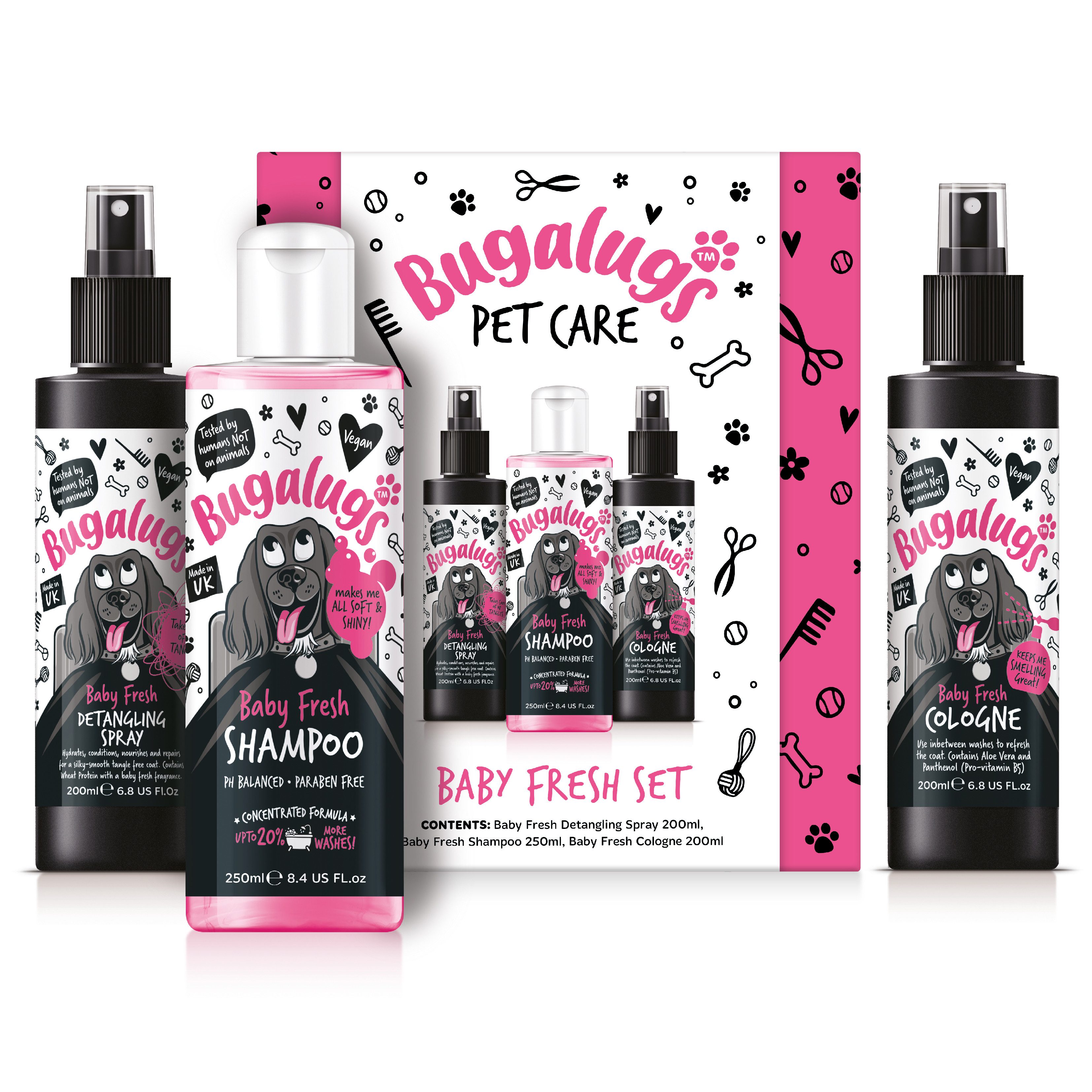 Tiershampoo Bugalugs Hundepflege-Set Shampoo Entwirrer und Parfüm Baby Fresh