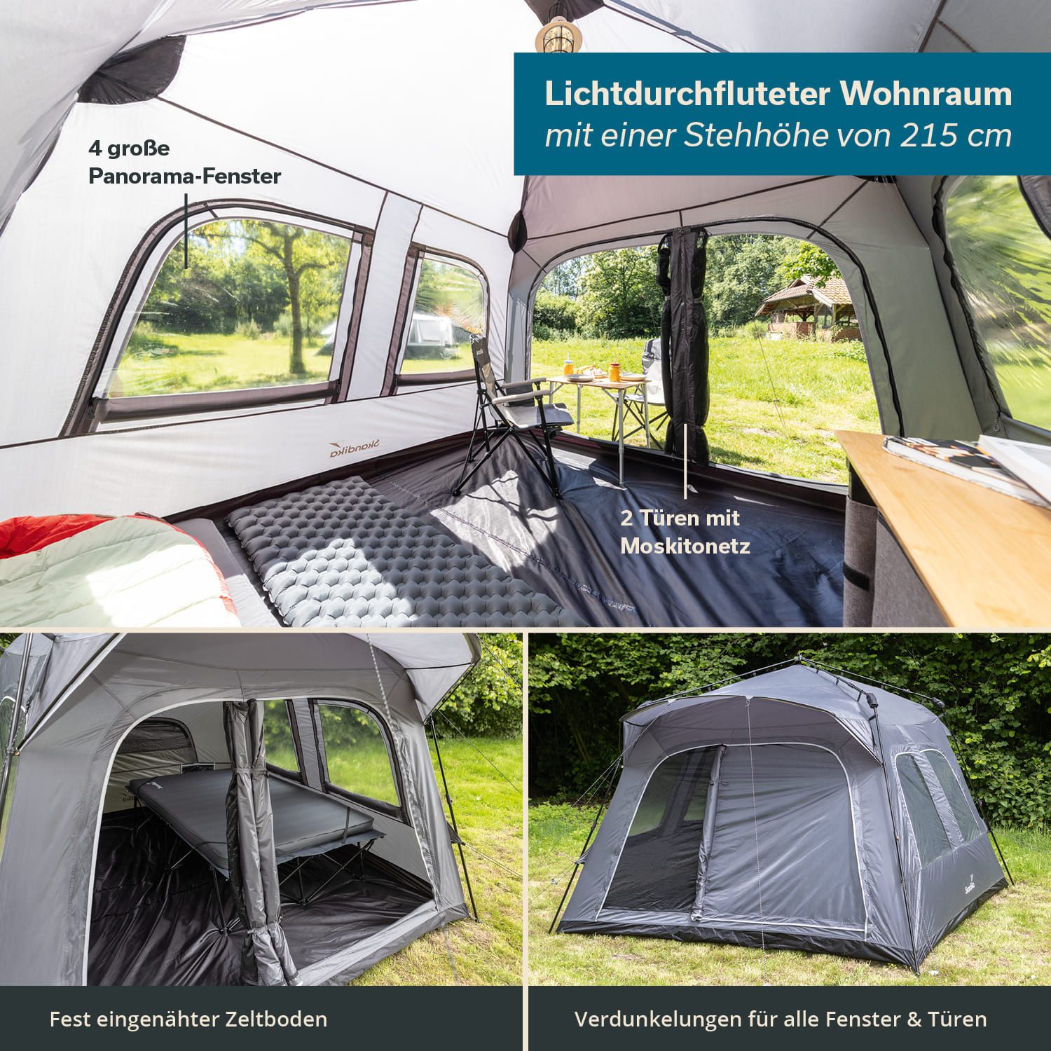 Skandika Tunnelzelt Hognes 4 Protect Quick-Start, Pop Up Campingzelt für 4 Personen, Personen: 4 (Fest eingenähter, Tragetasche, Aluminiumseilspanner), Verdunkelung für Fenster, wasserdicht, UPF 50+, Moskitonetz