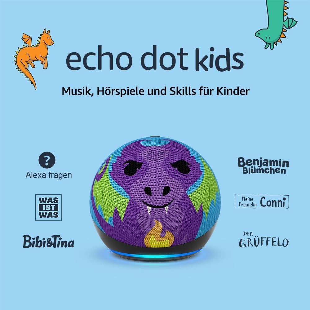 Amazon Echo Dot Kids (Neueste Generation), WLAN Bluetooth-Lautsprecher Lautsprecher (1 Jahr Amazon Kids+ Inhalte inklusive, Drachen-Design)