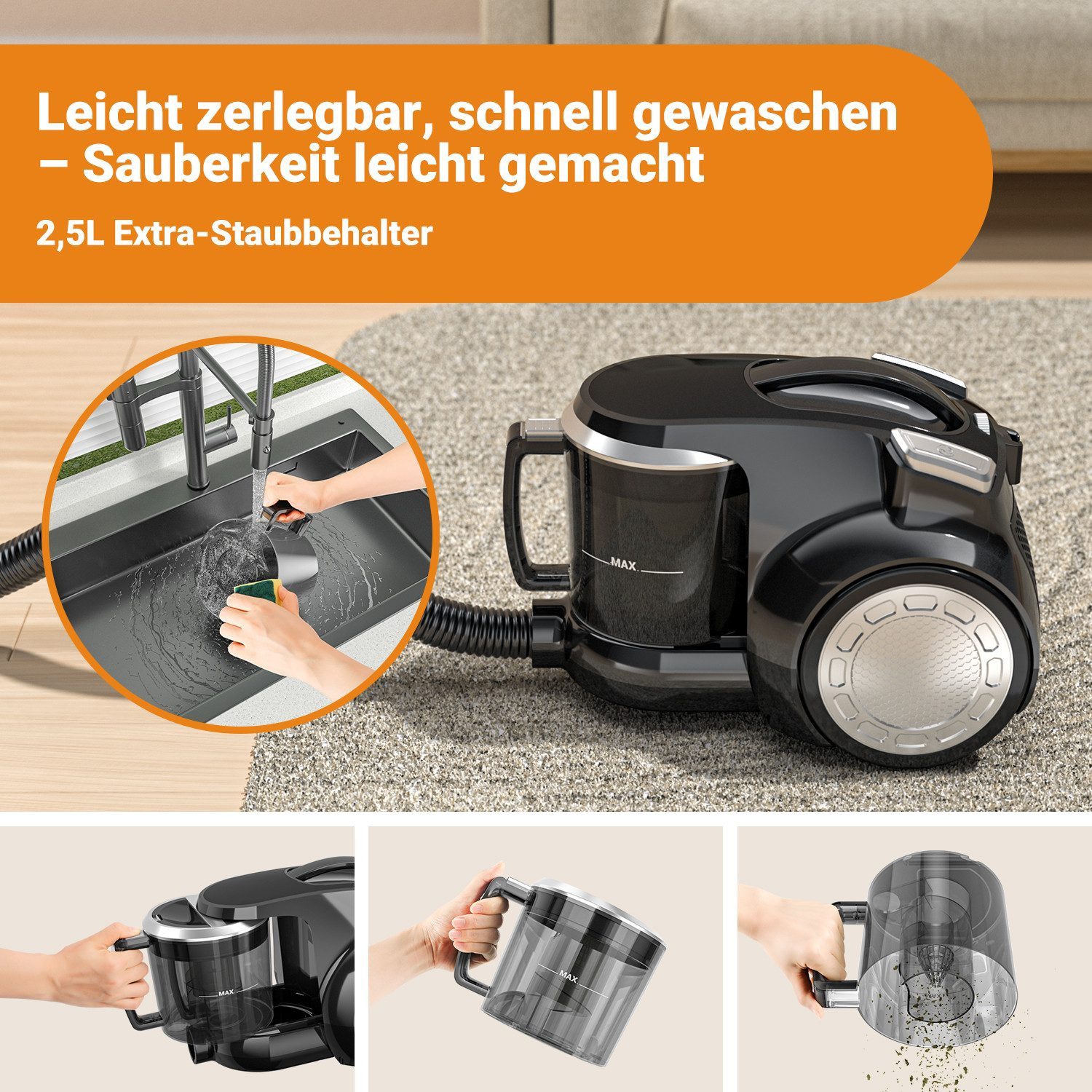 Toomoke Bodenstaubsauger Beutelloser Staubsauger starke Saugleistung,Kompakt Leicht Staubsauger, beutellos, für Hartböden Teppiche,leise,2,5L Staubbehälter, 5m Kabel schwarz