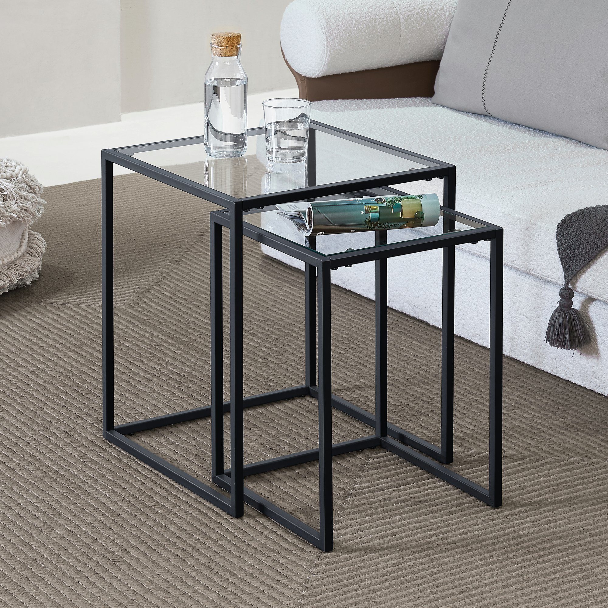 en.casa Satztisch, »Holstebro« 2er Set Couchtisch aus Glas Schwarz / Transparent