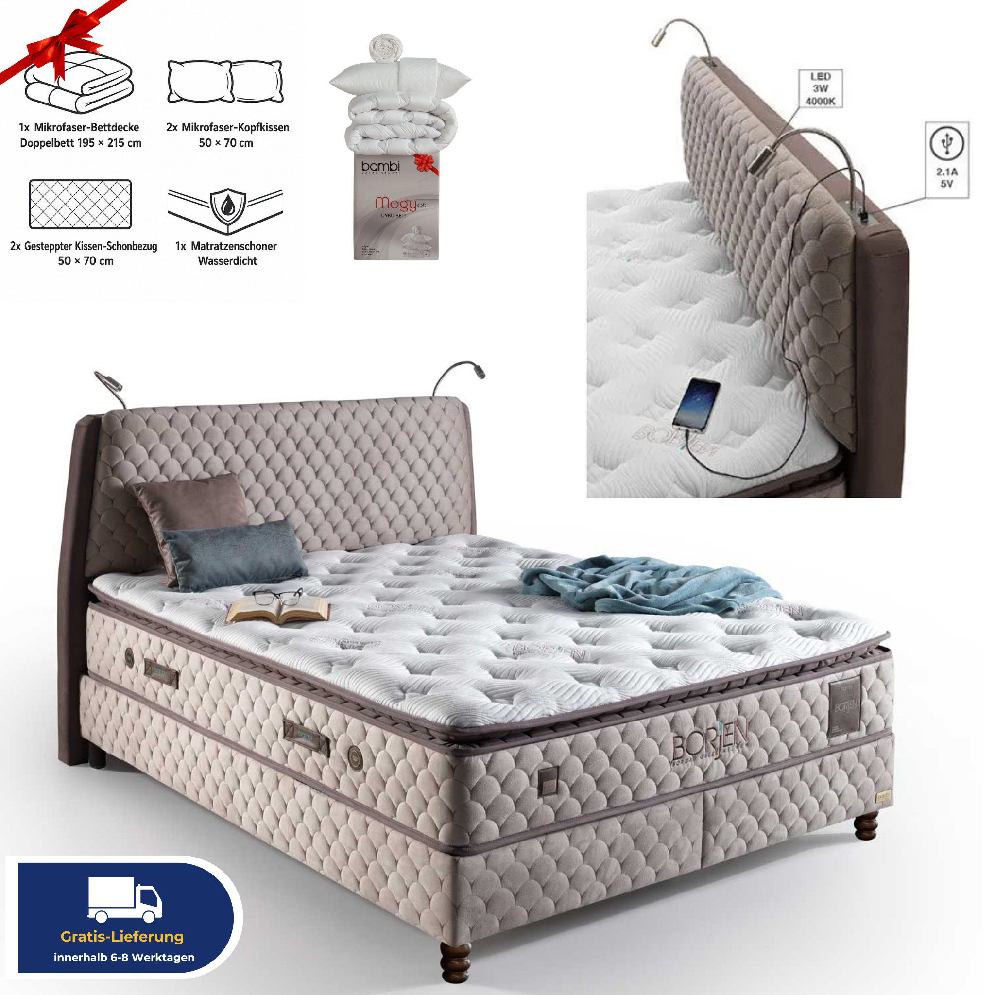 Bambi Boxspringbett Stauraumbett inkl. Matratze Boxspringbett 180x200 - 90x200 Borjen (Set, 1x Matratze, 2x Bettkästen, 1x Kopfteil (Nachttisch optional), 3-W-LED mit 4000 K und USB-Ladeanschluss