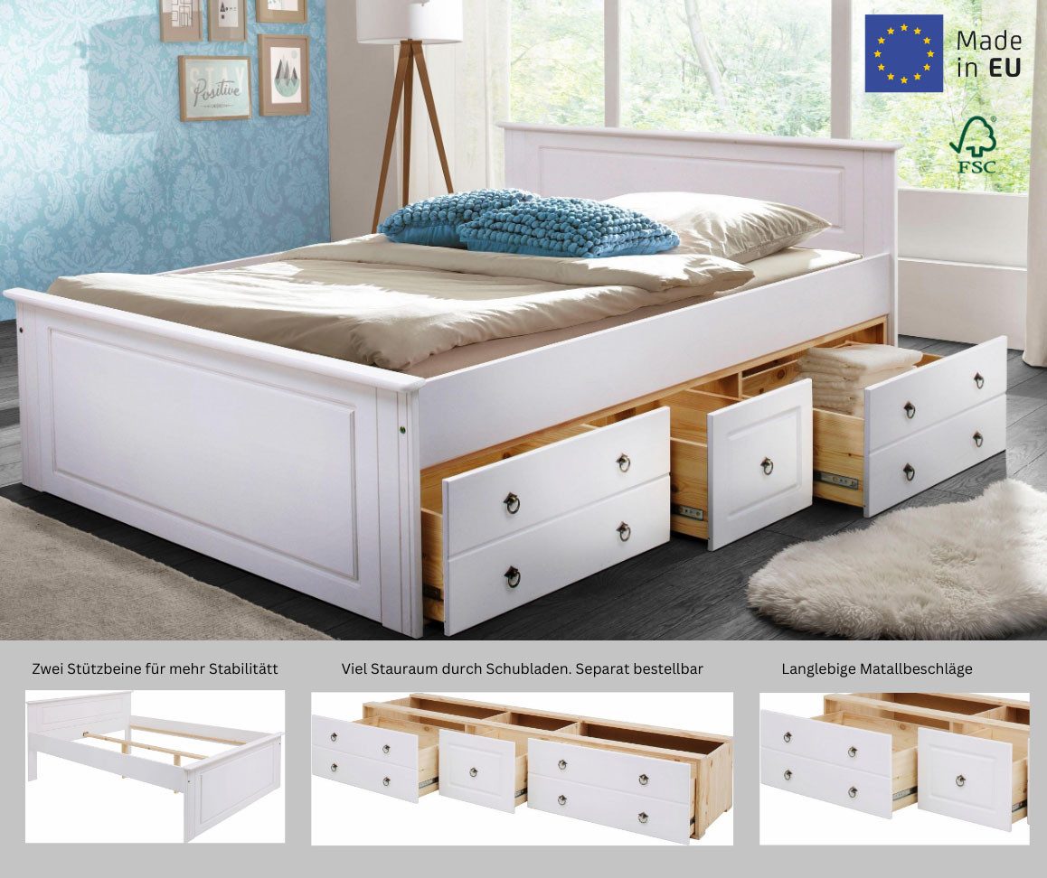 OTTO home Massivholzbett Hugo, hohe Belastbarkeit! FSC® zertifiziertes Massivholz, Landhausstil (Breite/Belastbarkeit 180cm/200KG, 140cm/180KG), Stauraumbett aus massiver Kiefer