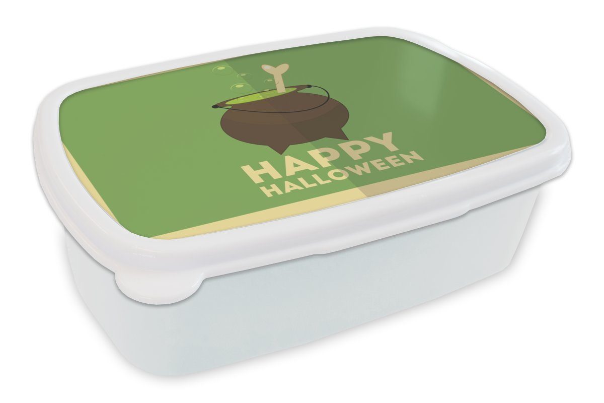 MuchoWow Lunchbox Happy Halloween" und ein Hexenkessel und Knochen auf grünem, Kunststoff, (2-tlg), Brotbox für Kinder und Erwachsene, Brotdose, für Jungs und Mädchen weiß