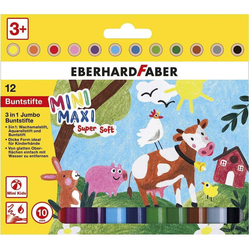 Eberhard Faber Buntstift 518912 Mini Kids Jumbo Crayons In 12 Colors, 3-In-1 With