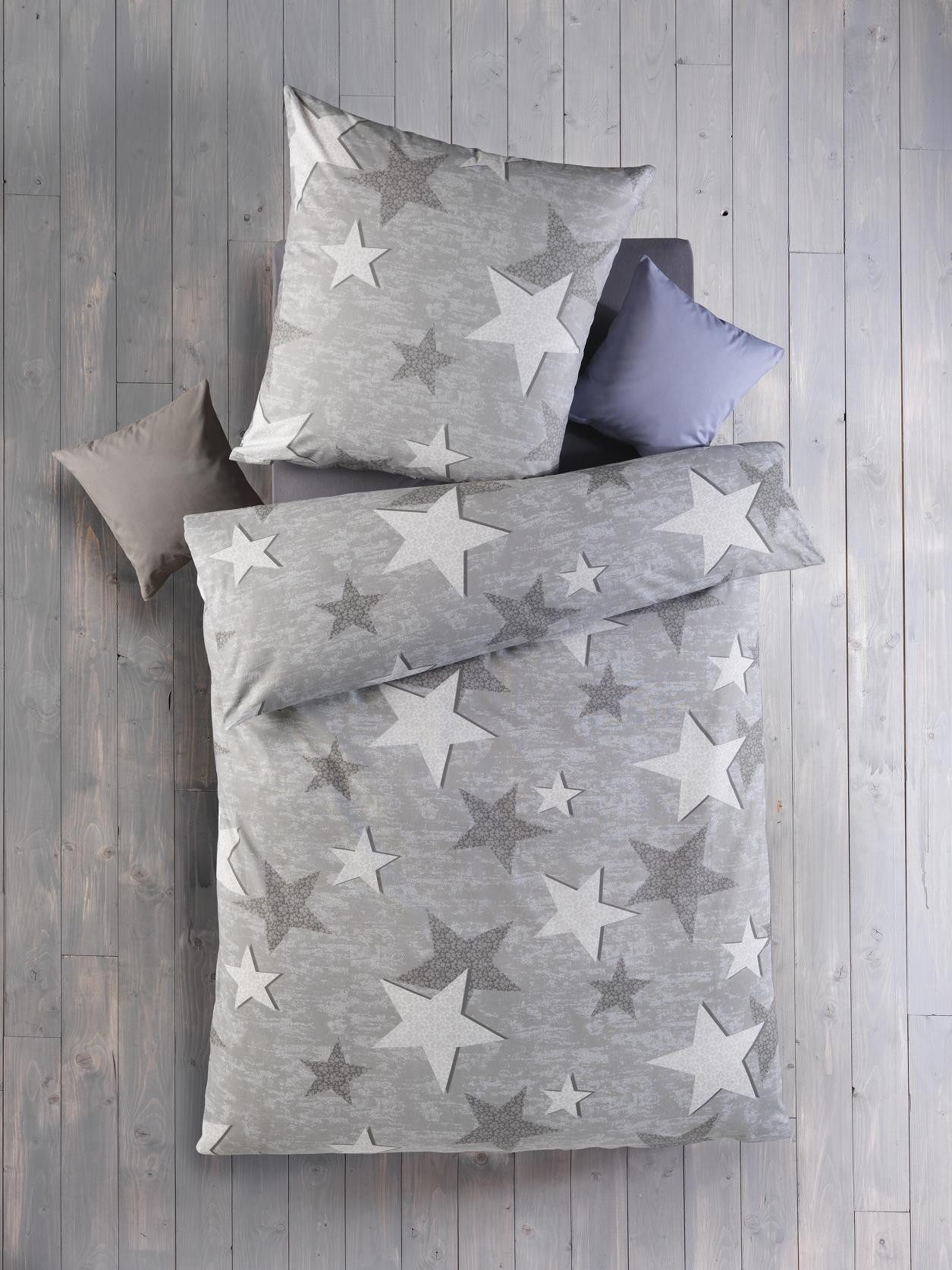 Carpe Sonno Bettwäsche 135x200 aus 100% Baumwolle - Sterne Muster Grau - Renforce - OEKO TEX, Renforce, 2 teilig, Mit Reißverschluss - Geeignet von Sommer bis Winter