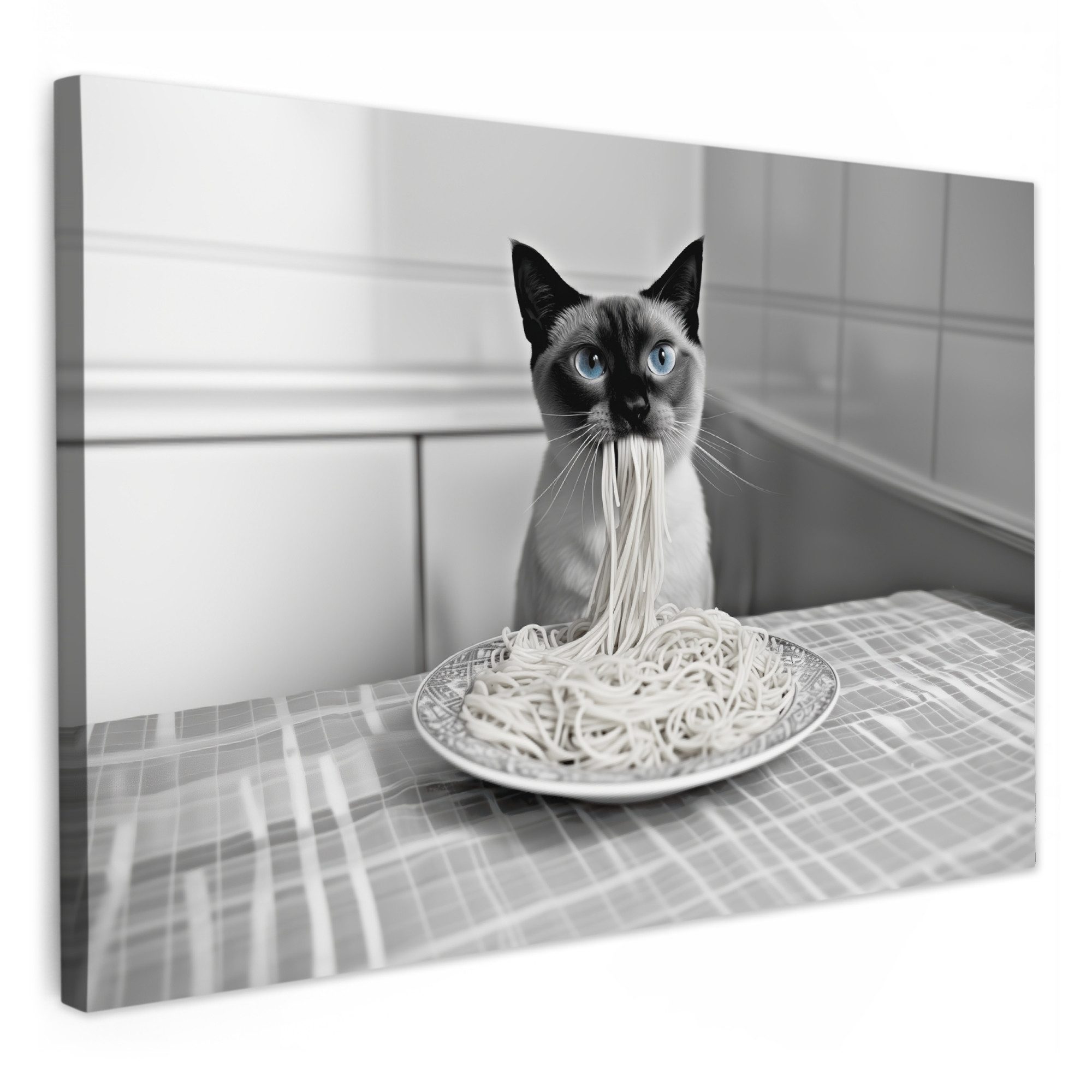 OneMillionCanvasses® Leinwandbild Katze - Siamese - Schwarz und weiß - Niedlich - Tiere, Fotodruck (1 St), Küchenbilder Modern, Deko Bilder für die Küche 30x20 cm