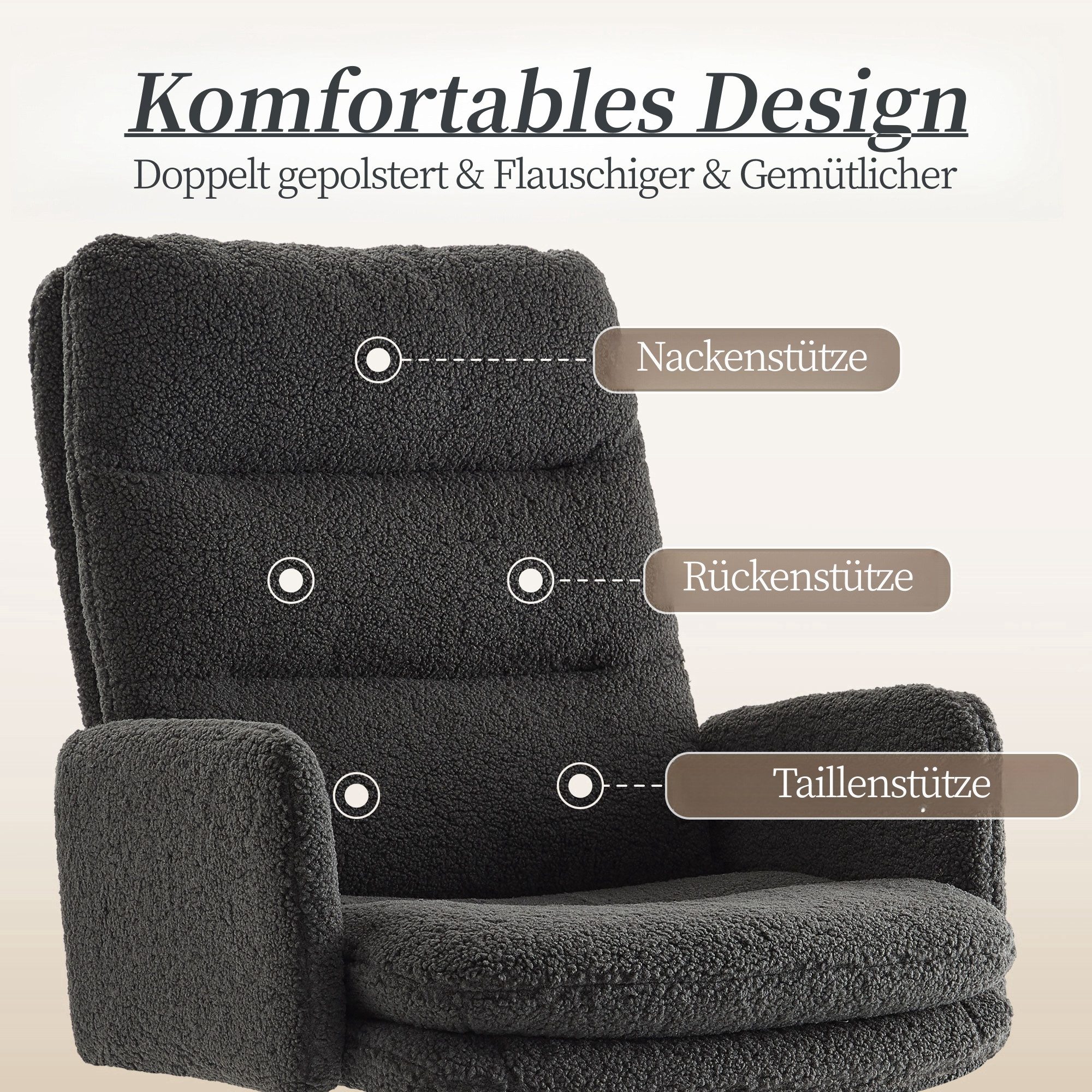 IWMH Bürostuhl Ergonomisch Schreibtischstuhl, Höhenverstellbar Drehstuhl mit Rollen, Lesesessel aus Kunstpelz, Schminktisch Stuhl mit Höher Rückenlehne