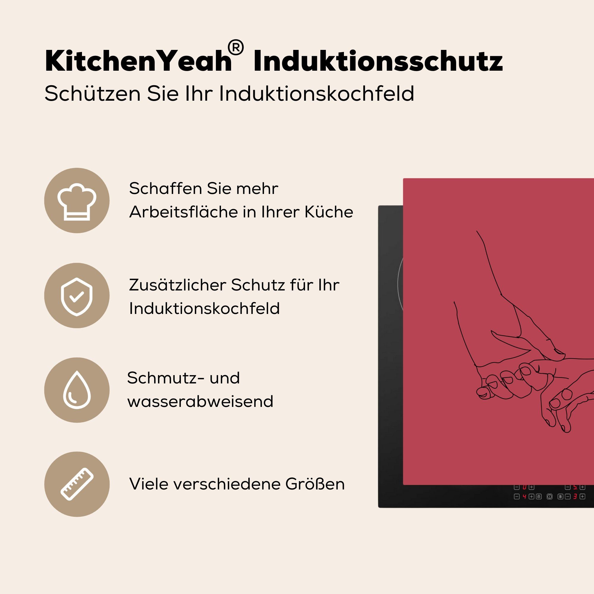 MuchoWow Herdblende-/Abdeckplatte Hand - Arbeitsplatte (1 cm, tlg), 78x78 Strichzeichnung, für küche Vinyl, Rot - Ceranfeldabdeckung