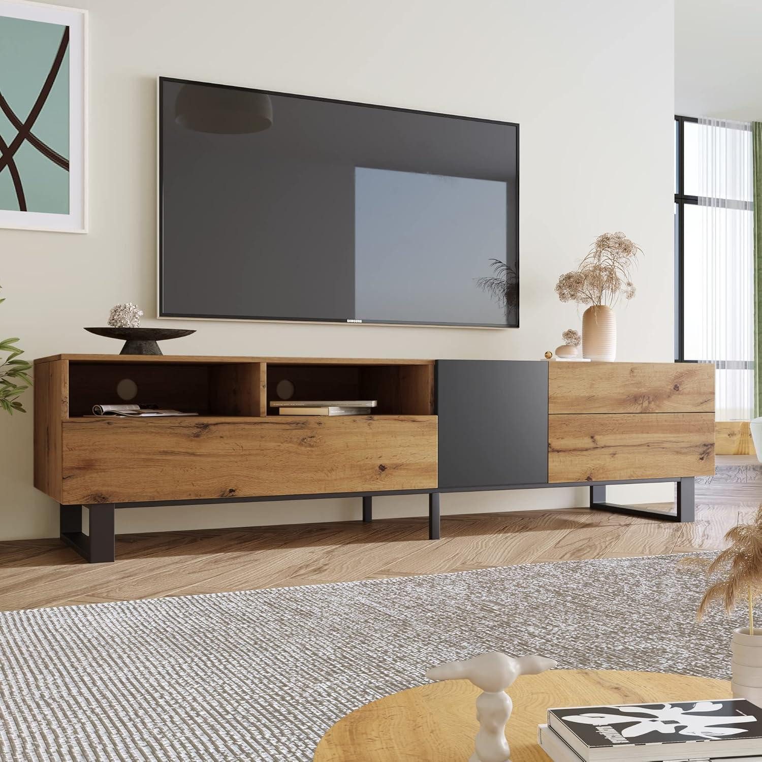 LuxusKollektion Lowboard Lowboard TV 180 cm 2 Schubladen Schwarz und Holzfarbe(180x33x50cm)