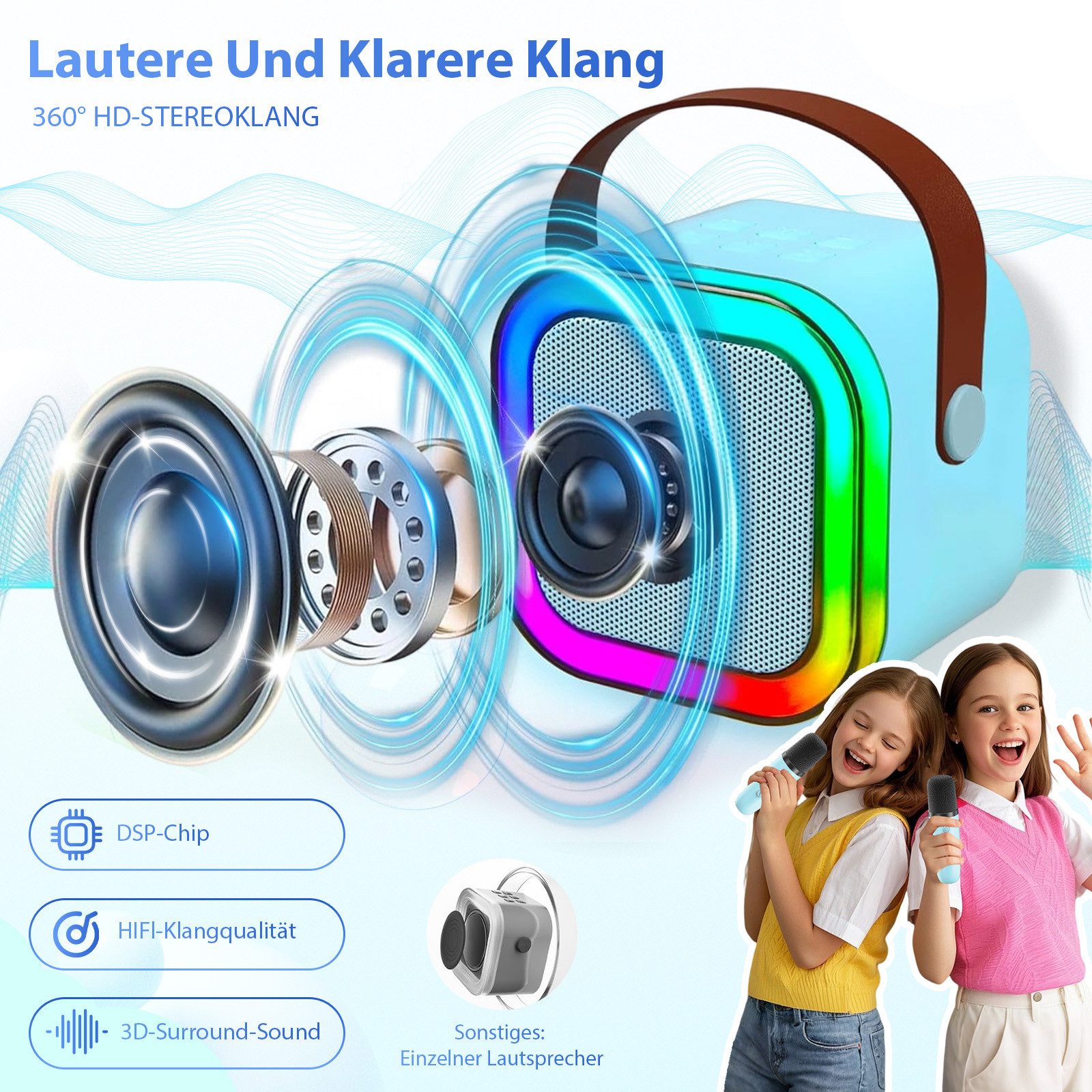 AKKEE Karaoke Maschine mit 2 Bluetooth Mikrofonen, Geschenke für 3-12 Jahre Karaoke-Maschine 1 (Bluetooth)
