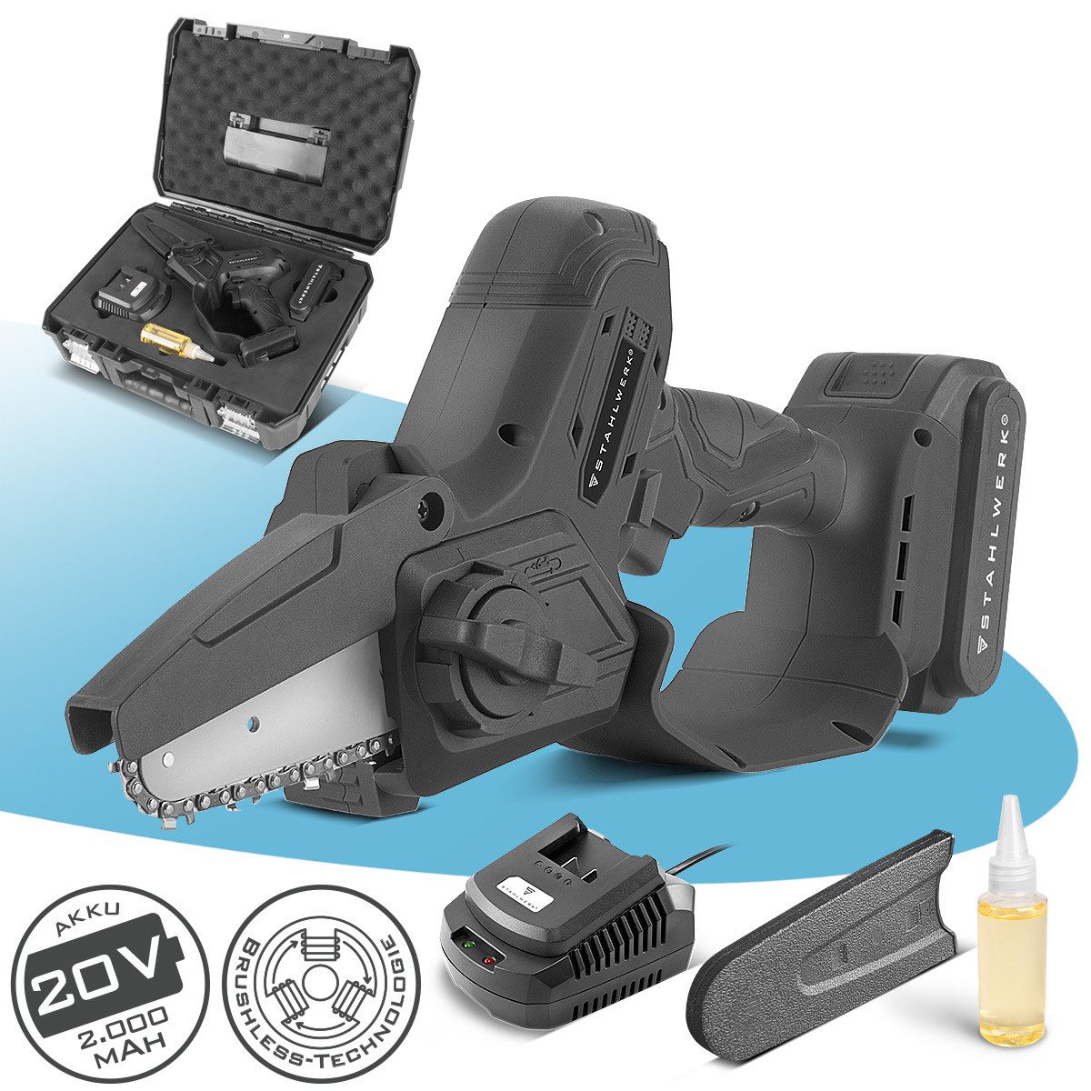 STAHLWERK Akku-Kettensäge Mini Akku Kettensäge Brushless Handkettensäge 4,8 m/s mit 2000mAh