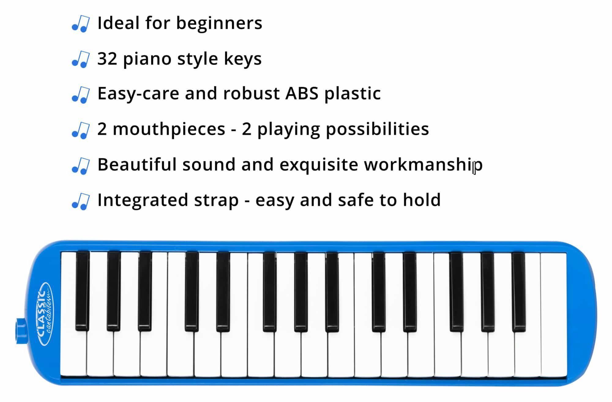 Classic Cantabile Melodica Blasharmonika mit 32 Tasten - Melodica Instrument f - c³, Anfänger-Set, 6-St., Mit Etui, Mundstück und Anblasschlauch, Booklet mit 5 Kinderliedern und bunten Aufklebern